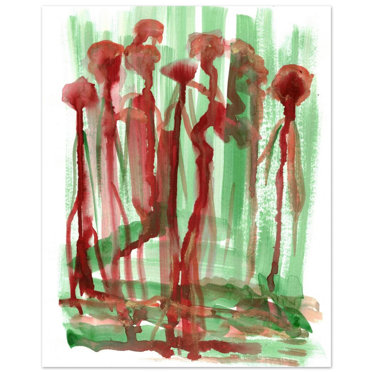 Abstract Floral Garden Premium Matte Poster - Vibrant Red & Green Watercolor Art (RDJ3-1) - Laure Leprince - Artiste Peintre