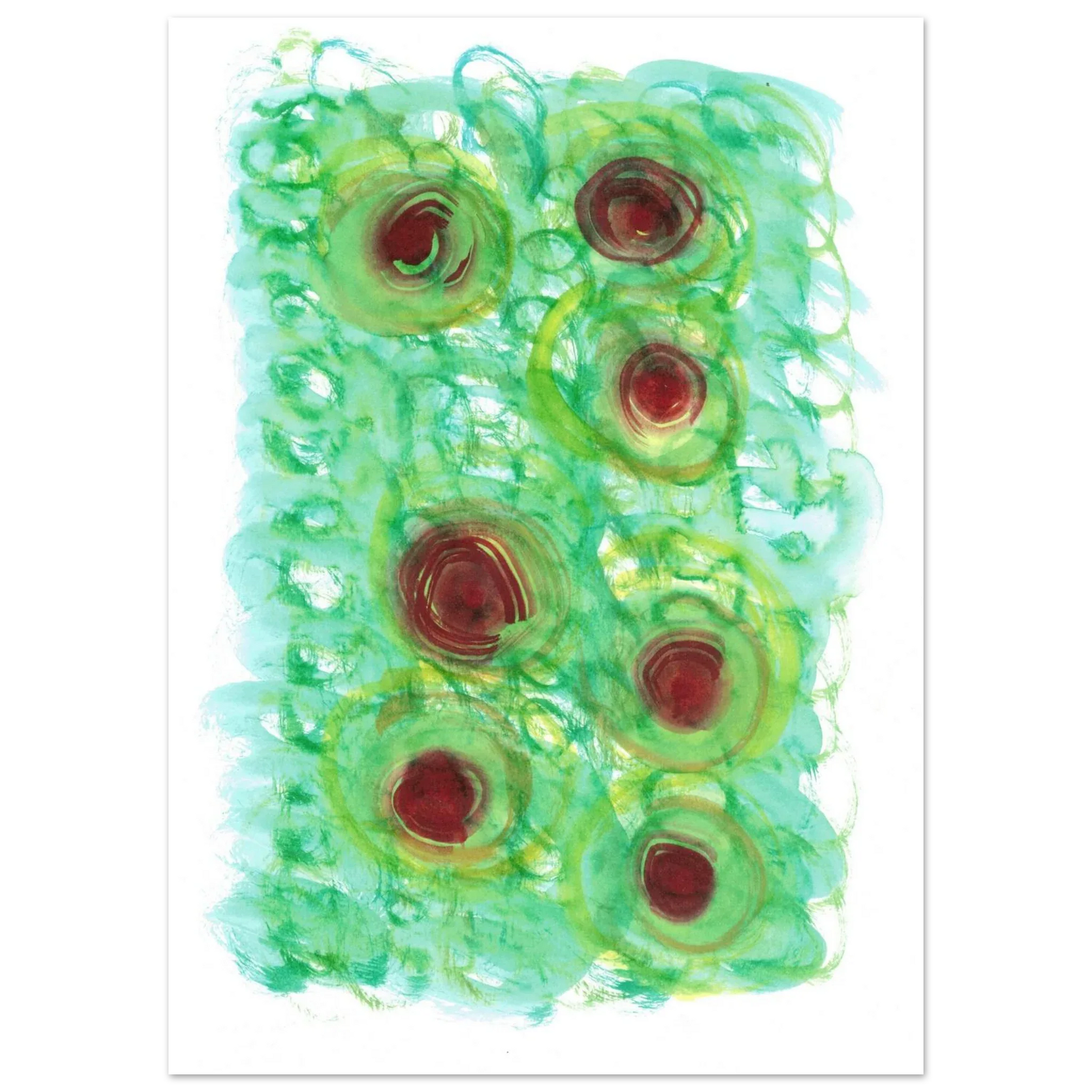 Abstract Floral Bloom Watercolor Poster - Vibrant Green & Red Art Print RDJ3-1 - Laure Leprince - Artiste Peintre