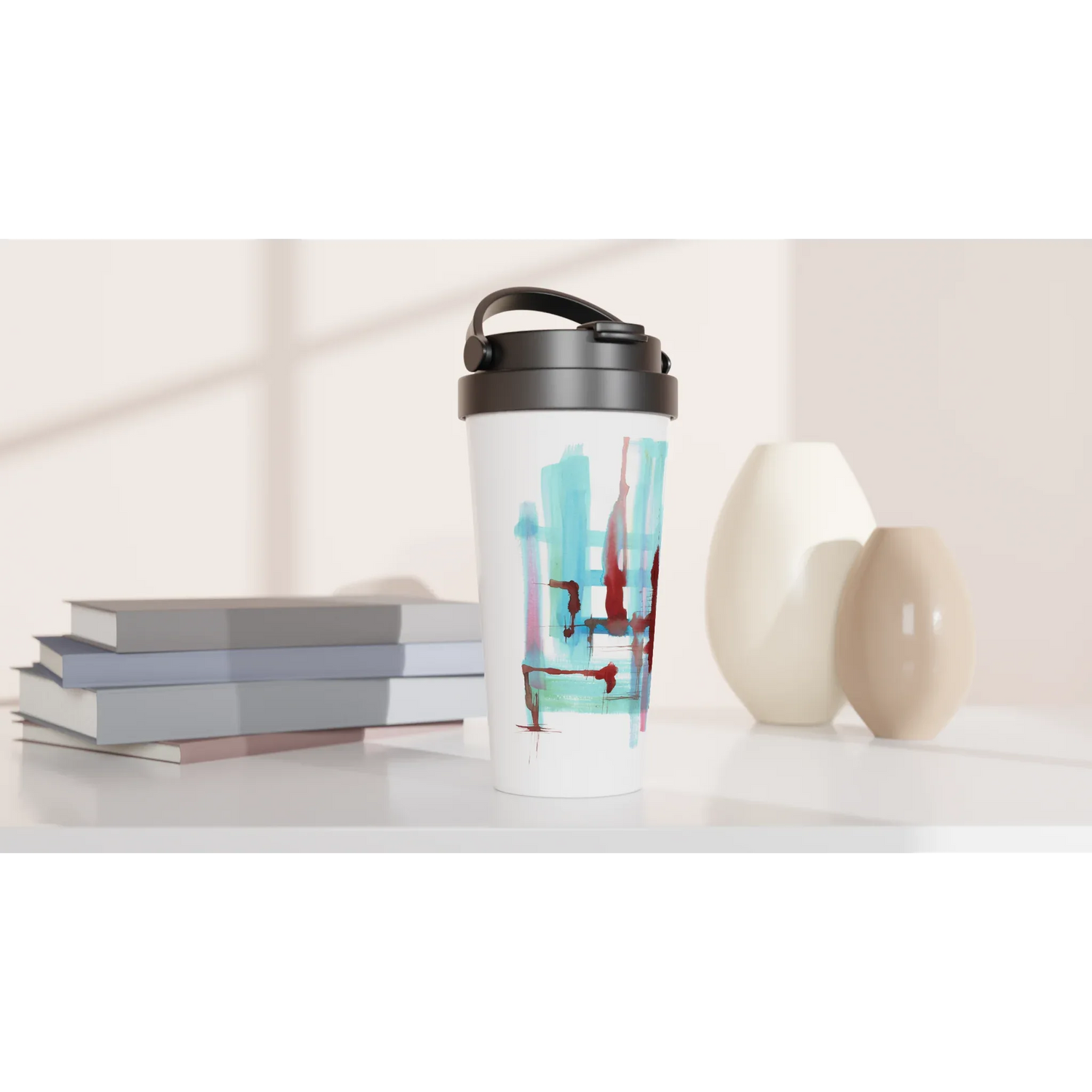 Mug de voyage blanc en acier inoxydable – 44 cl Structures liquides Élégant, pratique et isotherme - Laure Leprince - Artiste Peintre