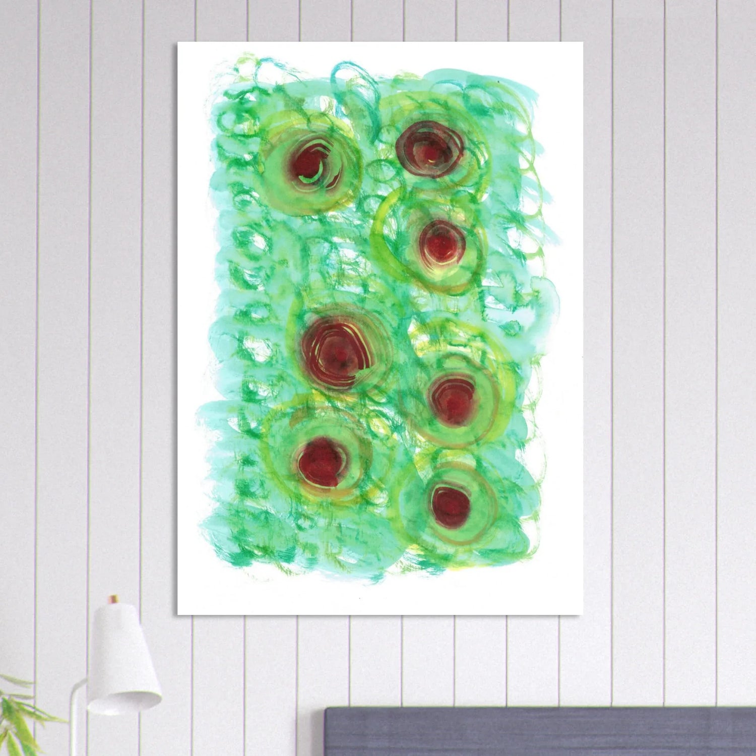 Abstract Floral Bloom Watercolor Poster - Vibrant Green & Red Art Print RDJ3-1 - Laure Leprince - Artiste Peintre