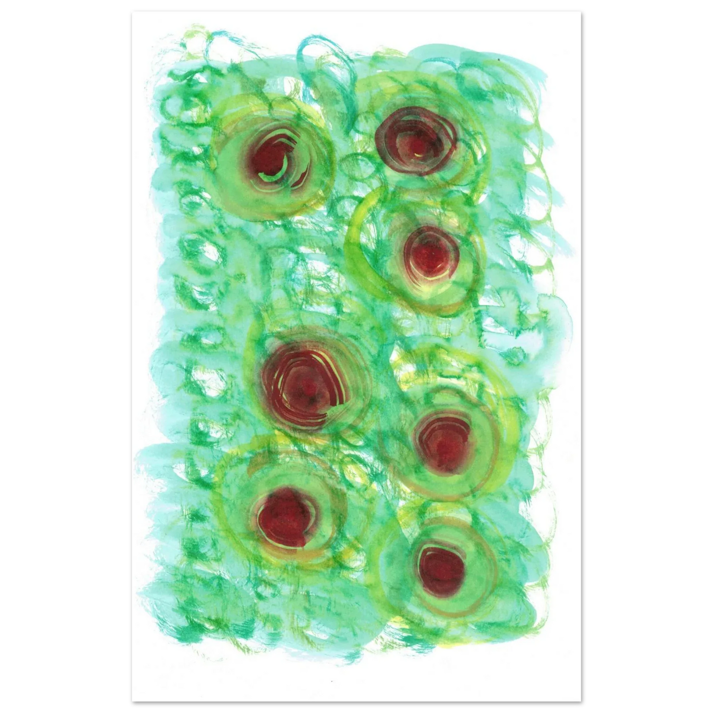 Abstract Floral Bloom Watercolor Poster - Vibrant Green & Red Art Print RDJ3-1 - Laure Leprince - Artiste Peintre