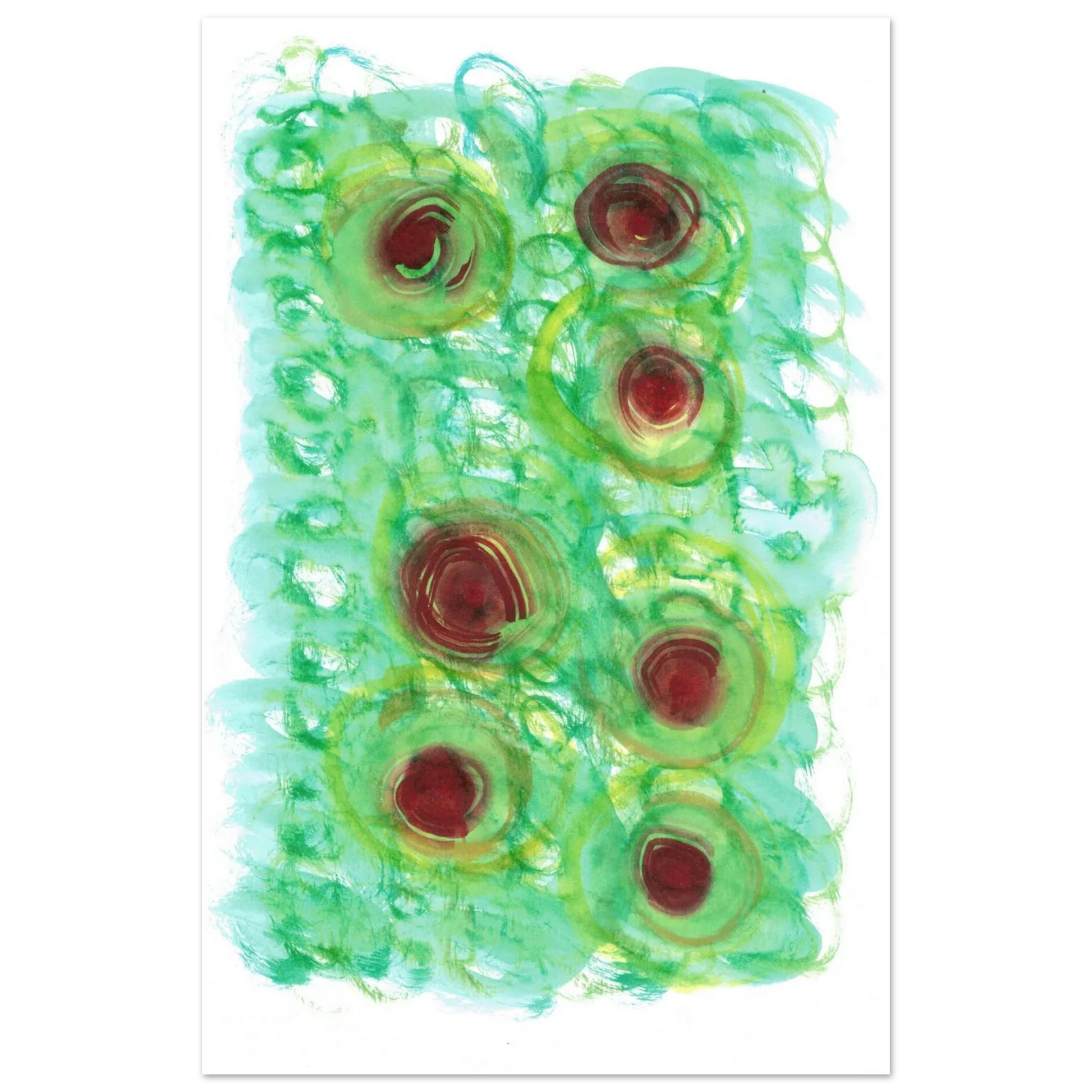 Abstract Floral Bloom Watercolor Poster - Vibrant Green & Red Art Print RDJ3-1 - Laure Leprince - Artiste Peintre