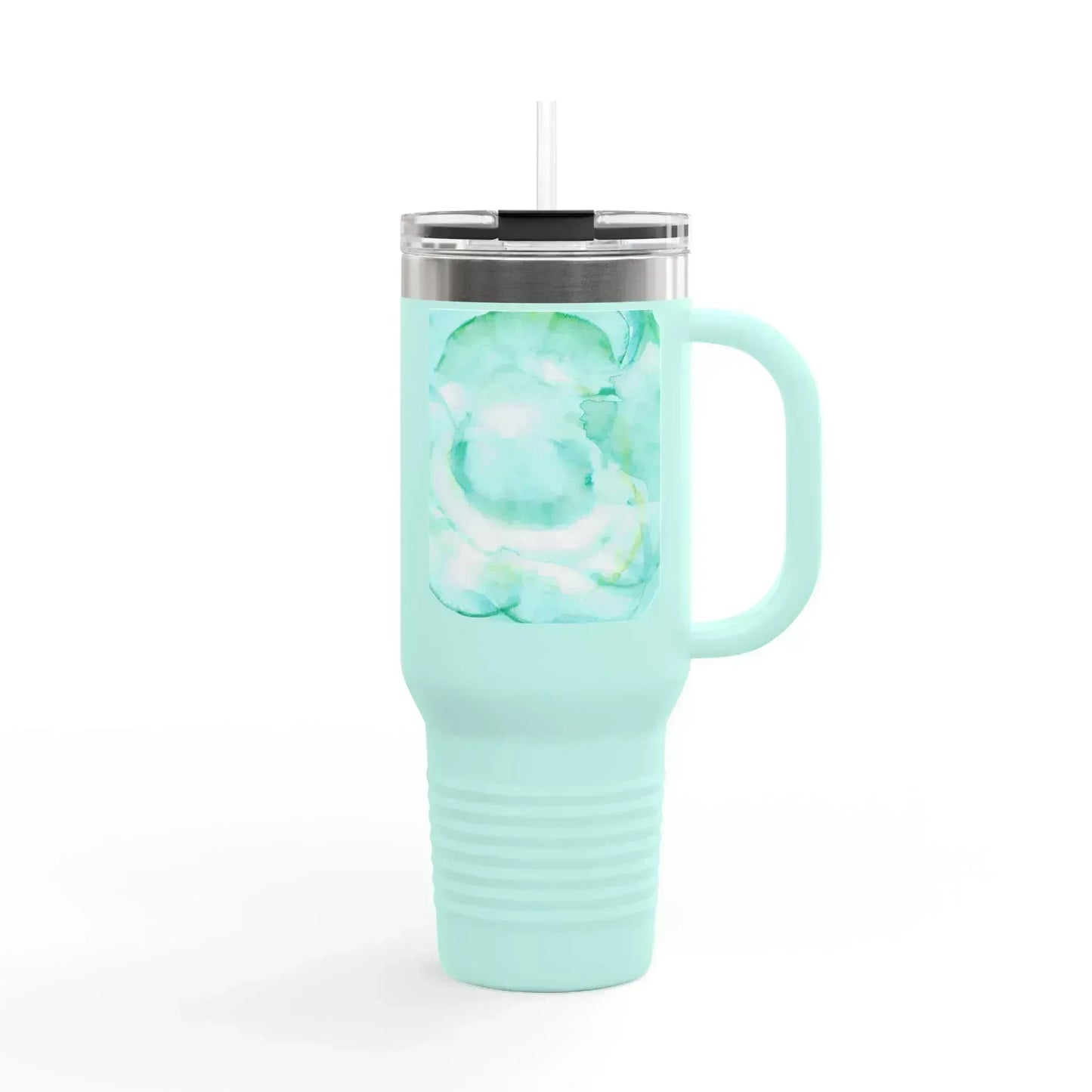 40oz Insulated Travel Mug – Aqua Bloom Watercolor Design - Laure Leprince - Artiste Peintre