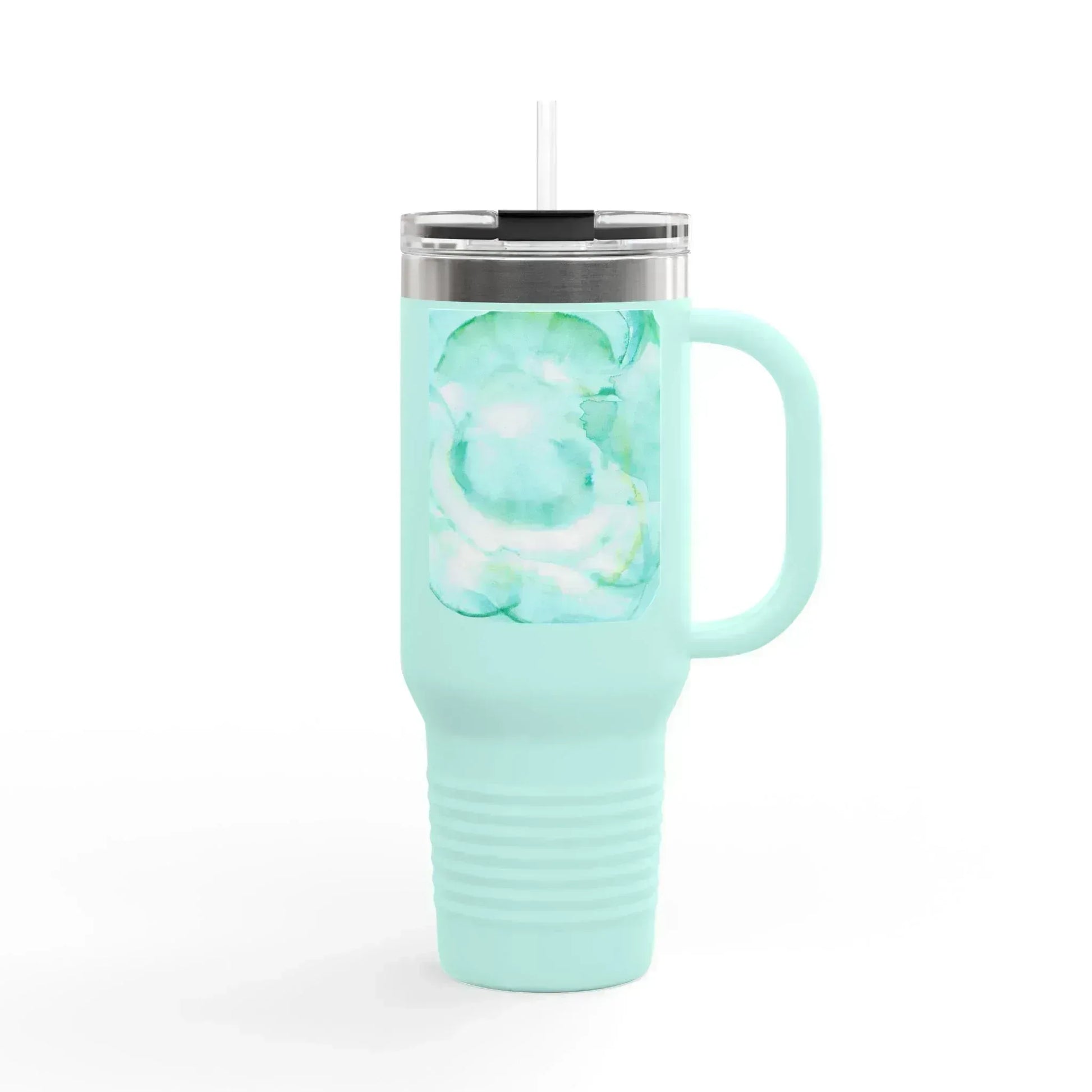 40oz Insulated Travel Mug – Aqua Bloom Watercolor Design - Laure Leprince - Artiste Peintre