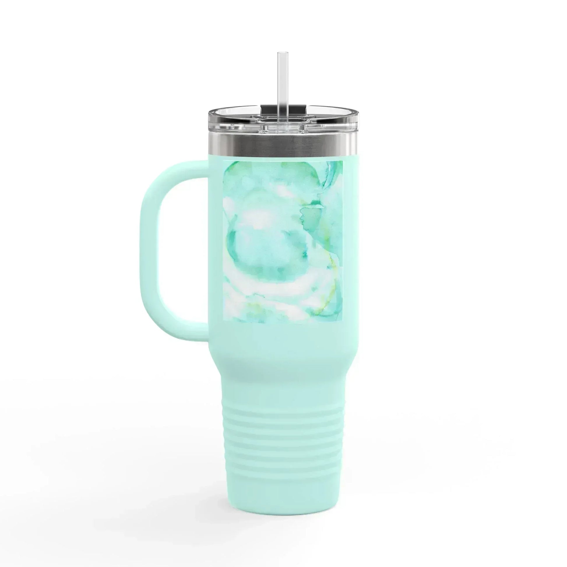 40oz Insulated Travel Mug – Aqua Bloom Watercolor Design - Laure Leprince - Artiste Peintre