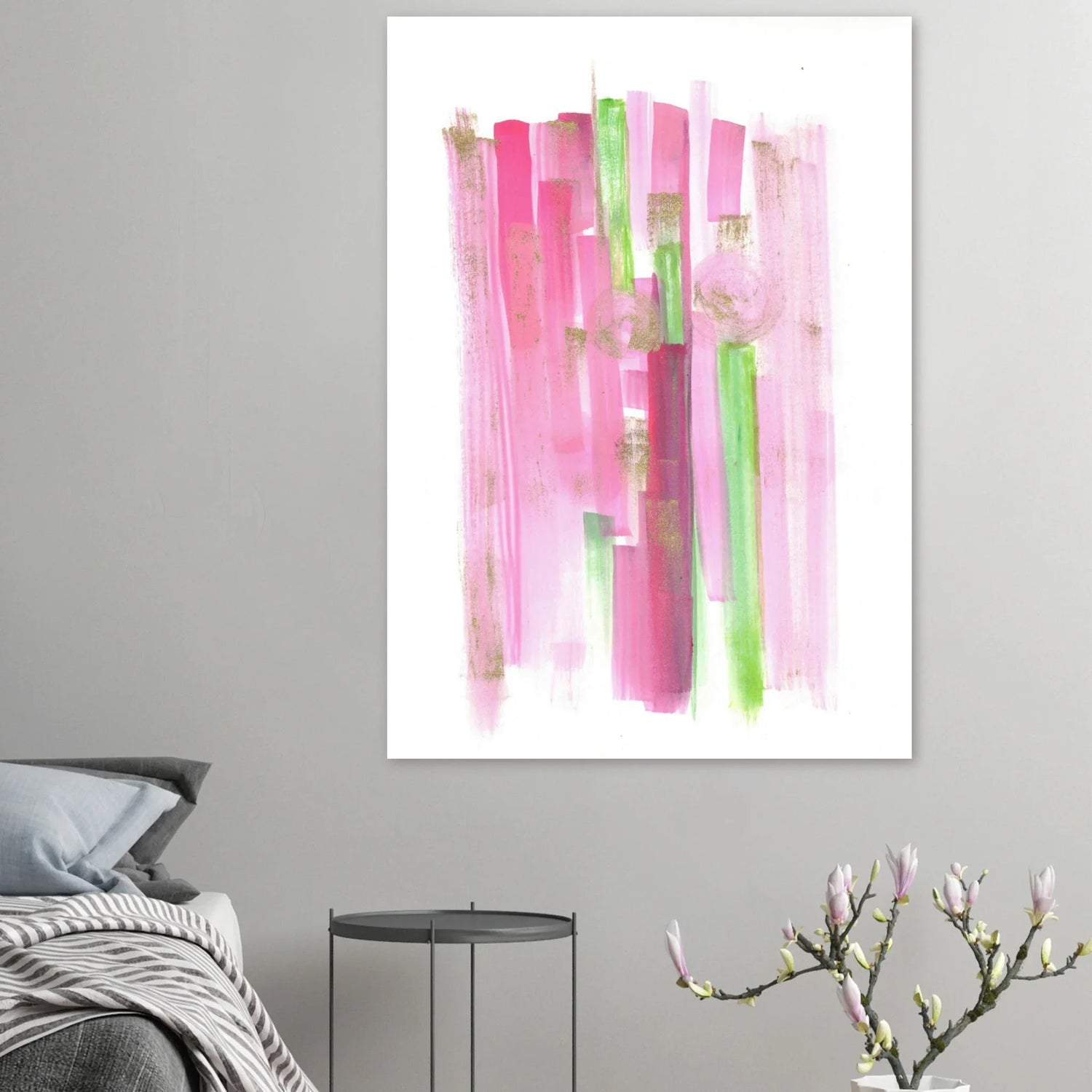 Abstract Pink & Green Watercolor Poster with Gold Flecks – Premium Matte Paper Print - Laure Leprince - Artiste Peintre