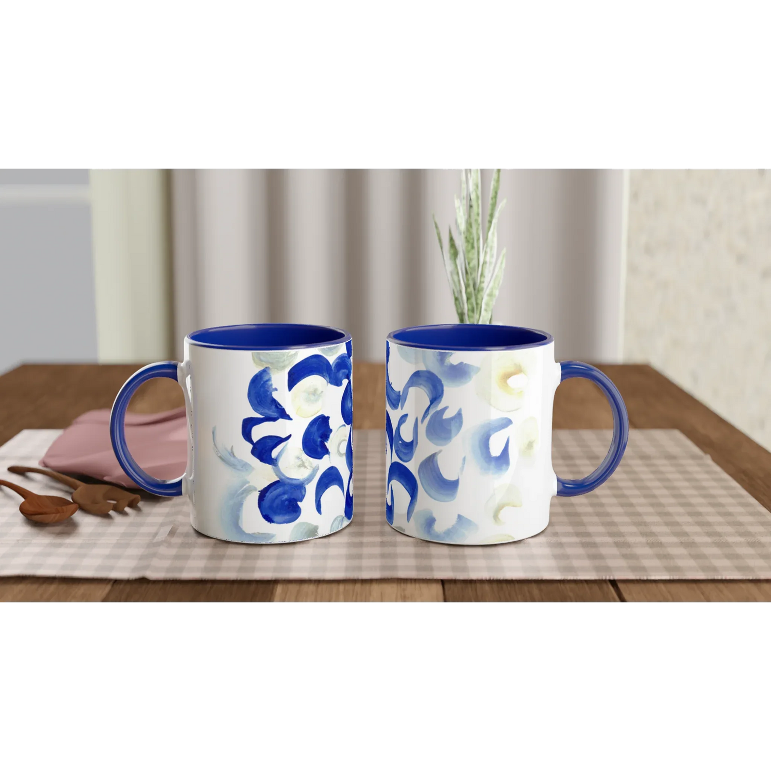 Mug 11oz - 325 ml - Ceramic Mug with Color Inside Blue swirls - Laure Leprince - Artiste Peintre