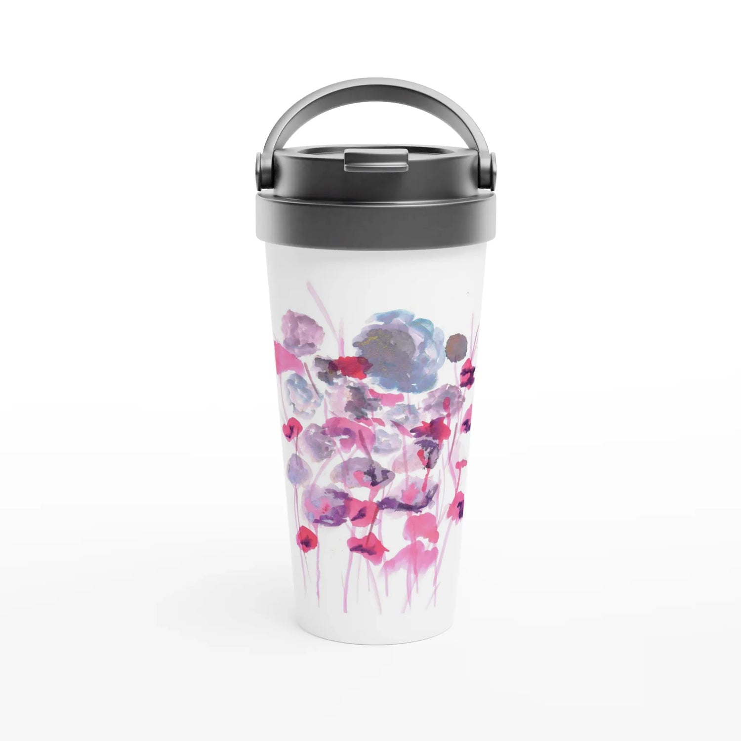Mug de voyage blanc en acier inoxydable – 44 cl Jardin des Ombrelles Élégant, pratique et isotherme - Laure Leprince - Artiste Peintre