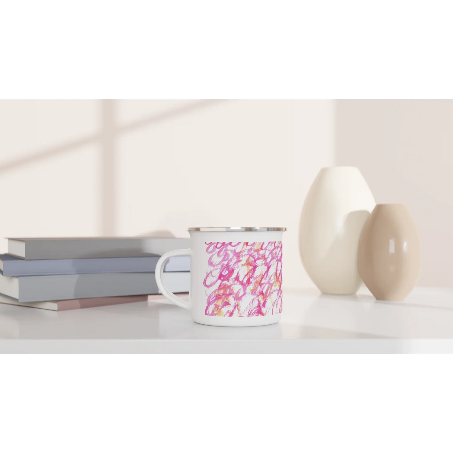 Mug en émail blanc 35 cl Pink Waves – Léger, vintage et résistant - Laure Leprince - Artiste Peintre