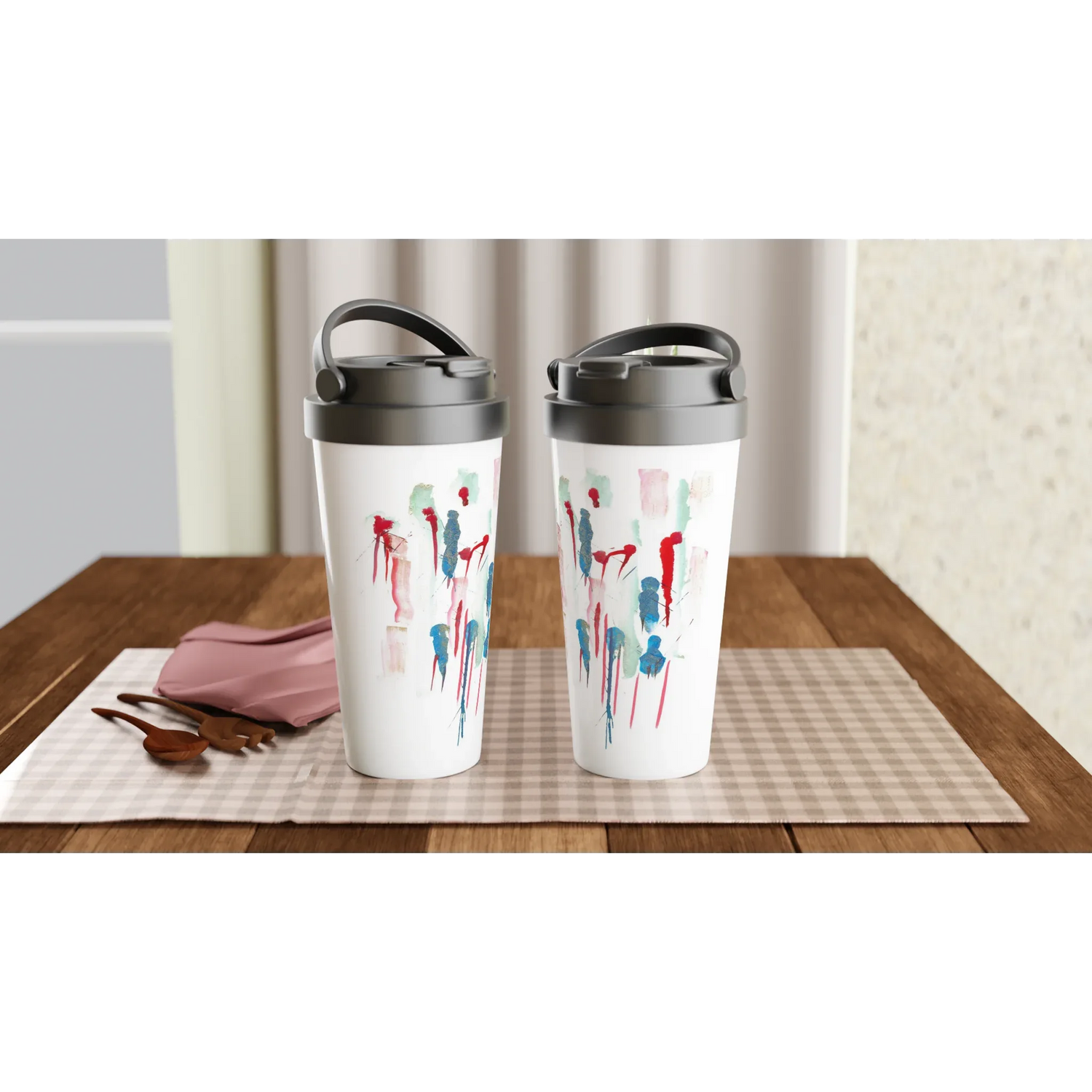 Mug de voyage blanc en acier inoxydable – 44 cl Personnages | Élégant, pratique et isotherme - Laure Leprince - Artiste Peintre