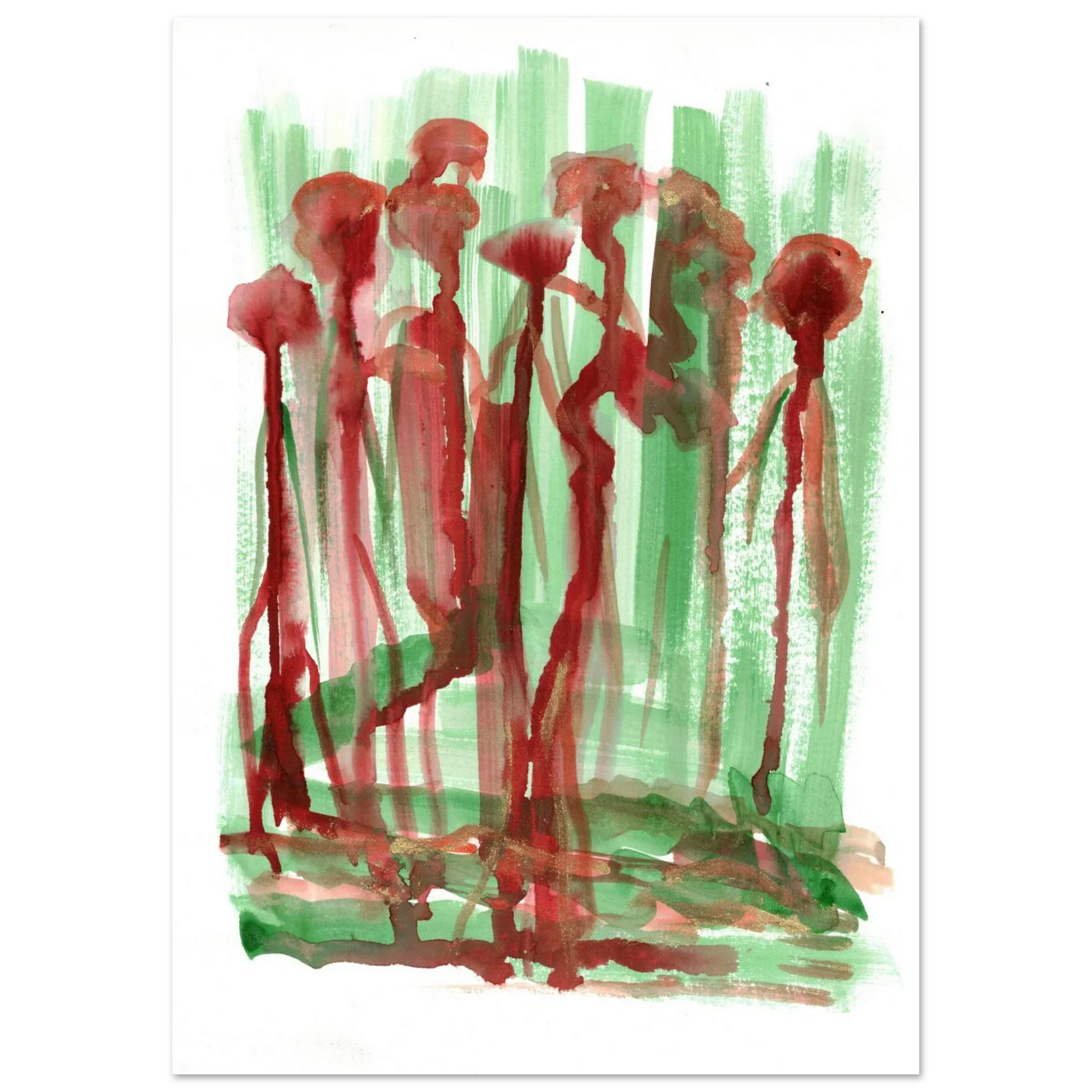 Abstract Floral Garden Premium Matte Poster - Vibrant Red & Green Watercolor Art (RDJ3-1) - Laure Leprince - Artiste Peintre
