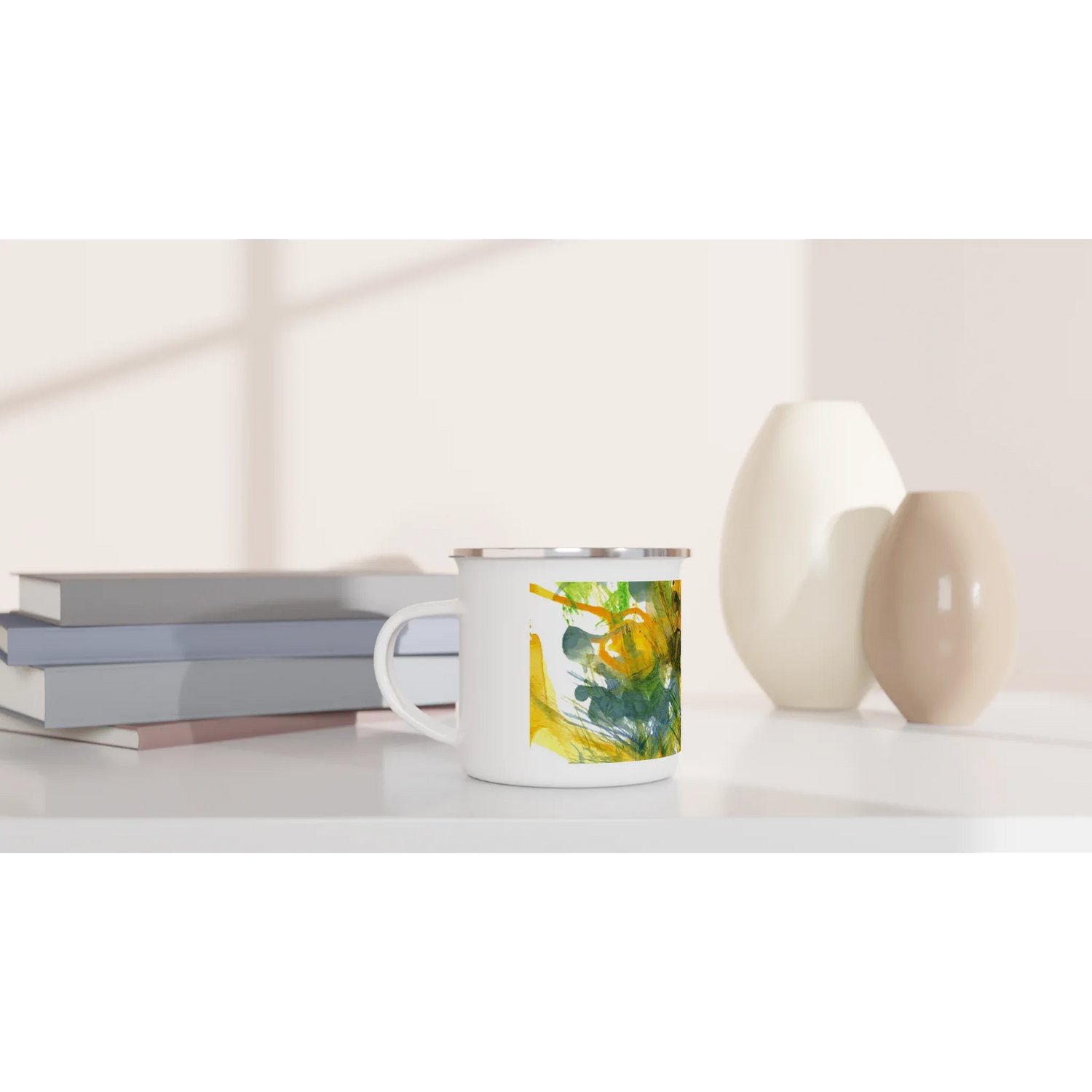 Mug en émail blanc 35 cl Tempête Solaire – Léger, vintage et résistant - Laure Leprince - Artiste Peintre