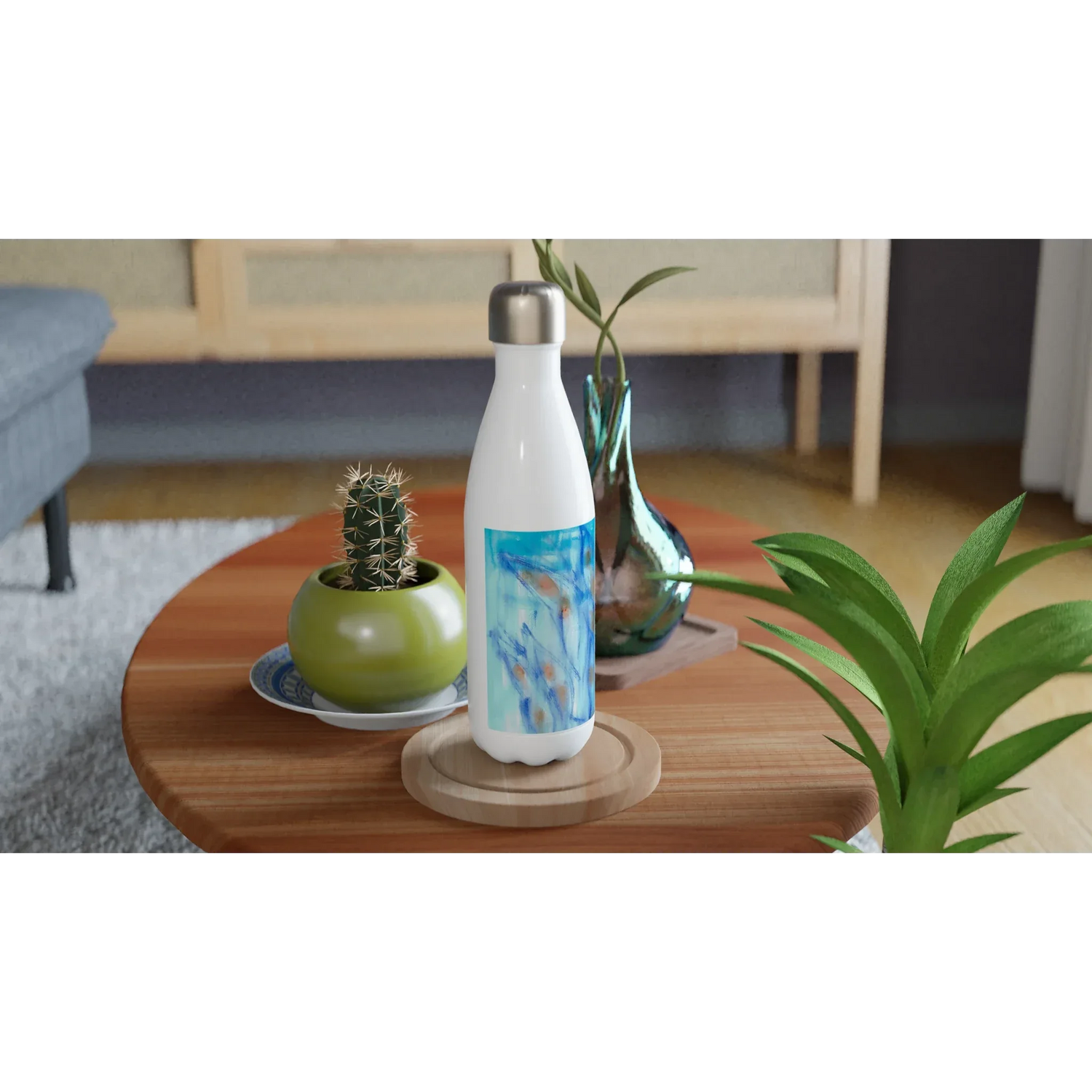 Bouteille isotherme en acier inoxydable 500 ml Blue Sprouts – Design artistique exclusif - Laure Leprince - Artiste Peintre