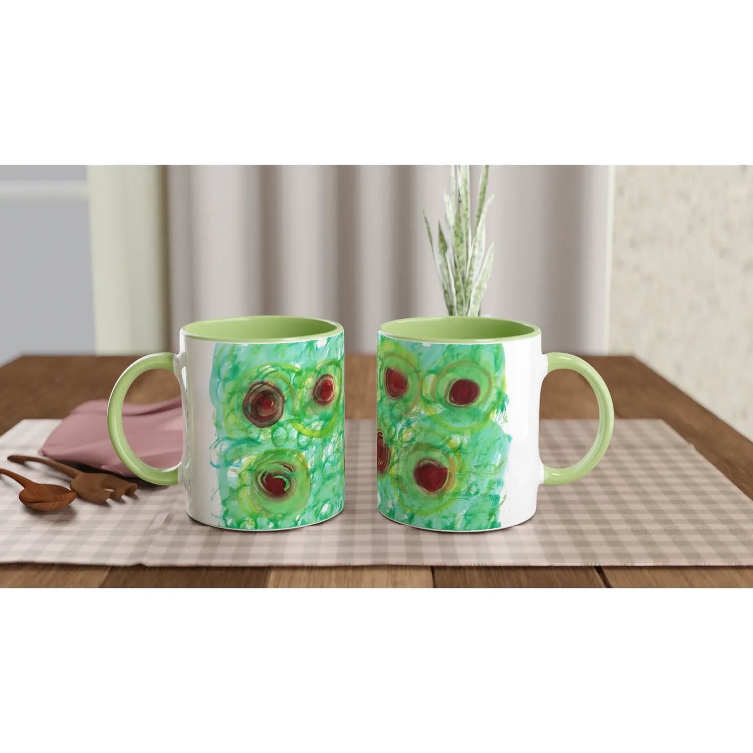 Mug 11oz - 325 ml - Ceramic Mug with Color Inside Green Echo - Laure Leprince - Artiste Peintre