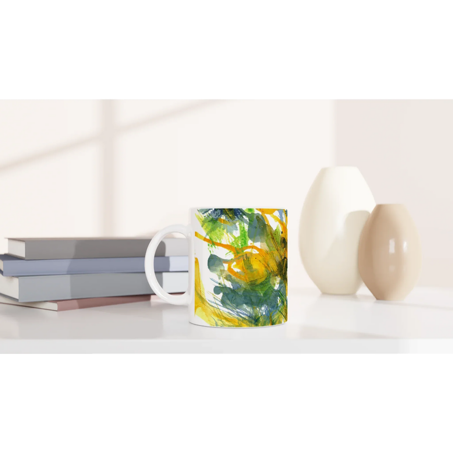 Mug en céramique blanche 325 ml Tempête Solaire – Élégance, sécurité et durabilité - Laure Leprince - Artiste Peintre