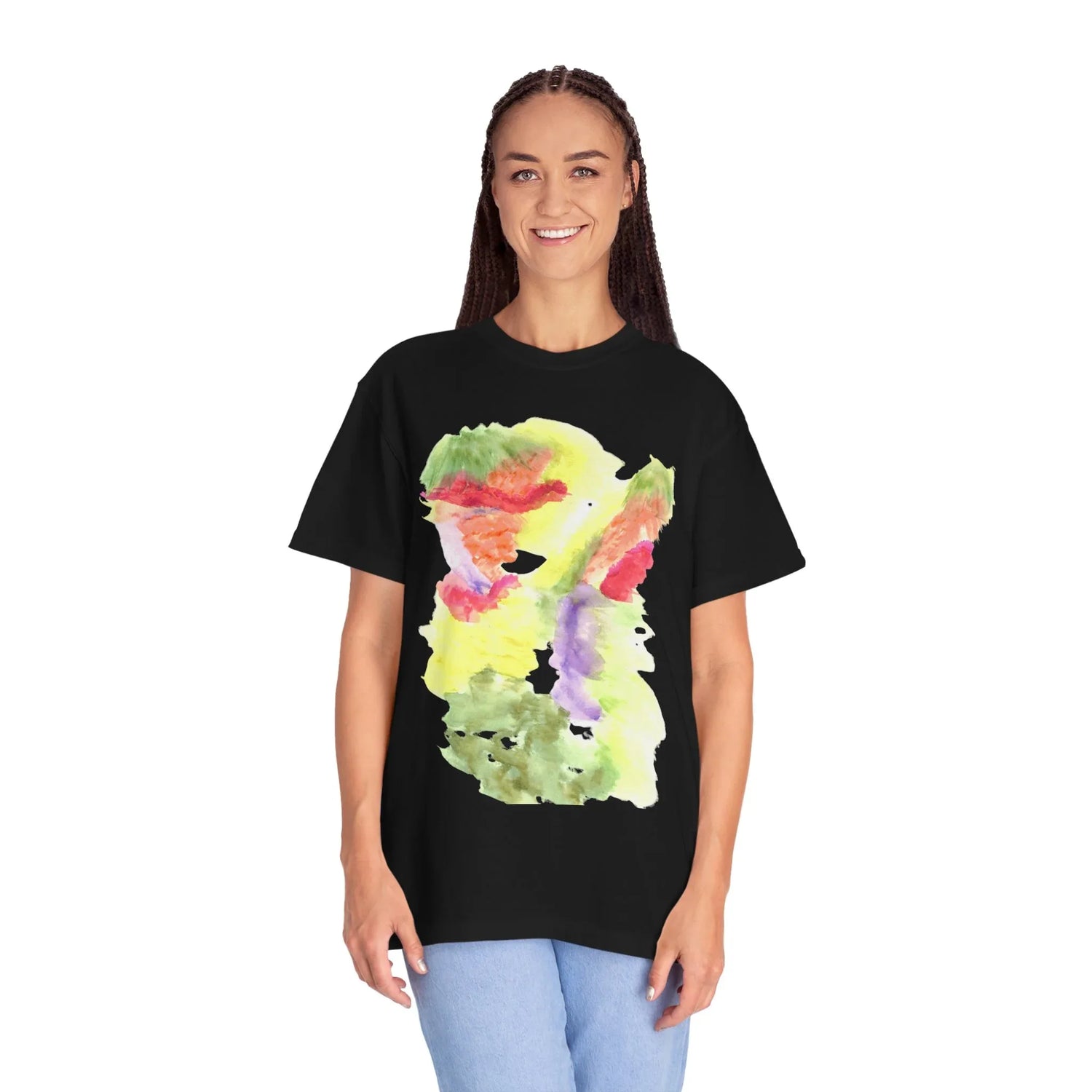 Abstract Eclosion Chromatique T-Shirt — Bright Watercolor Square Art Tee - Laure Leprince - Artiste Peintre
