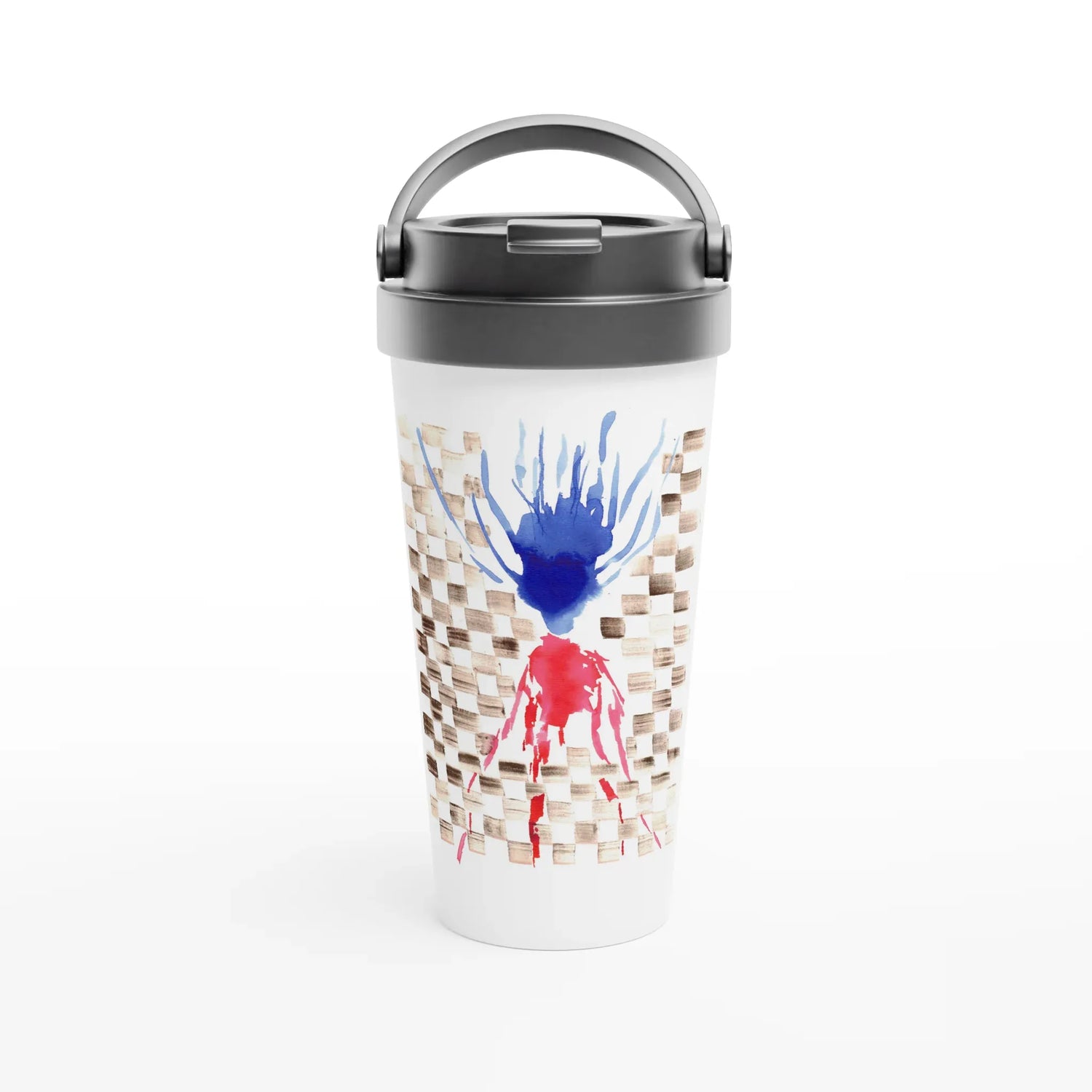 Mug de voyage blanc en acier inoxydable damier – 44 cl | Élégant, pratique et isotherme - Laure Leprince - Artiste Peintre