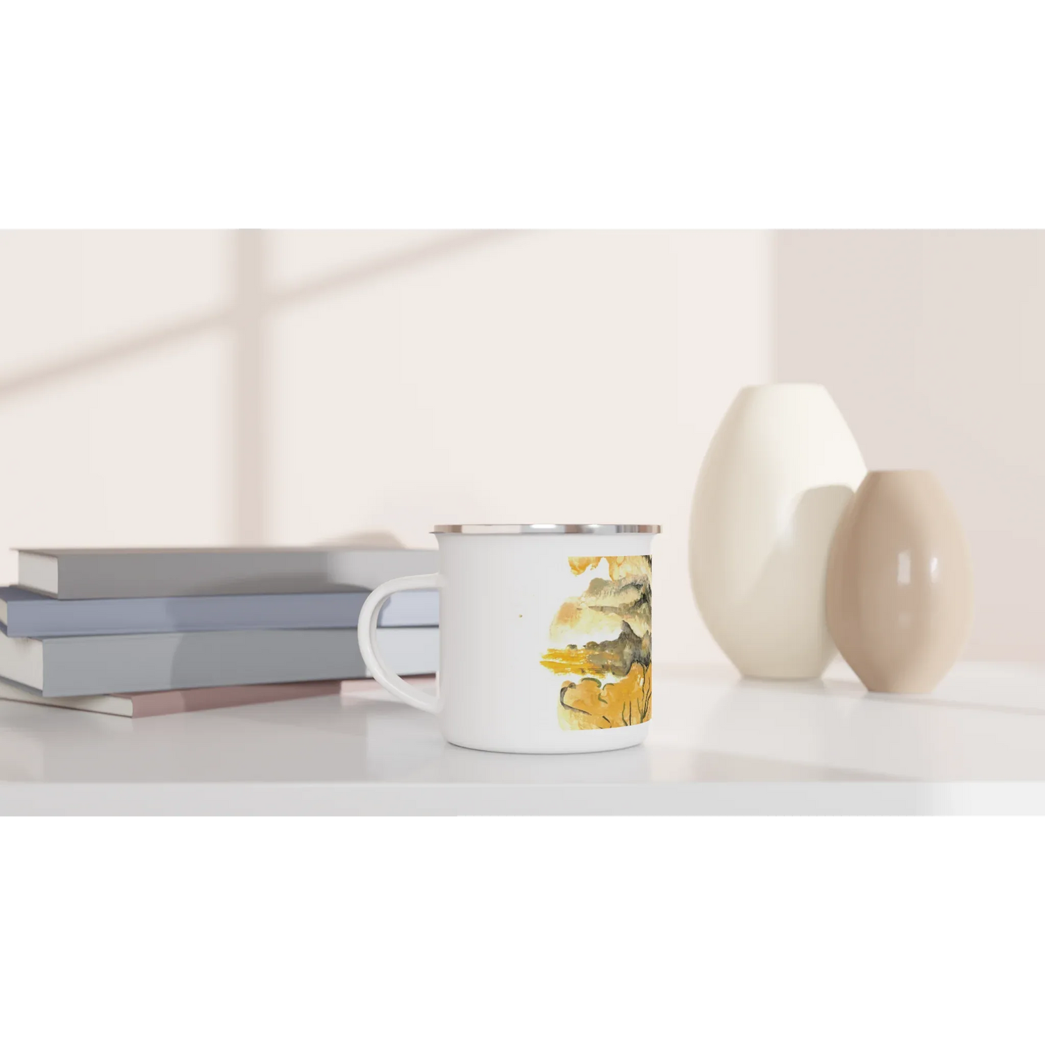 Mug en émail blanc 35 cl Colline d'or– Léger, vintage et résistant - Laure Leprince - Artiste Peintre