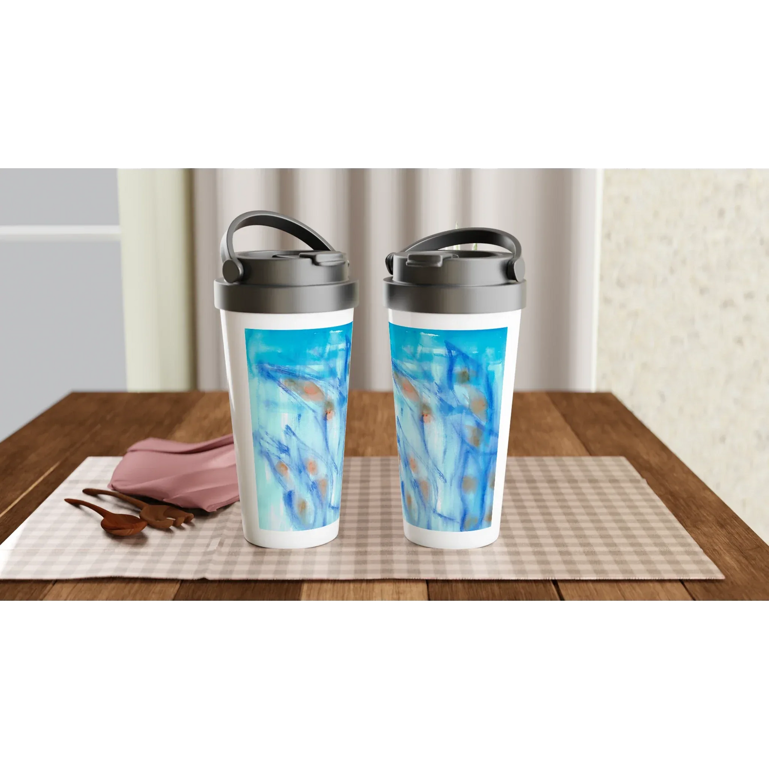 Mug de voyage isotherme 450 ml (15 oz) Blue Sprouts- Étanche, réutilisable et design artistique - Laure Leprince - Artiste Peintre