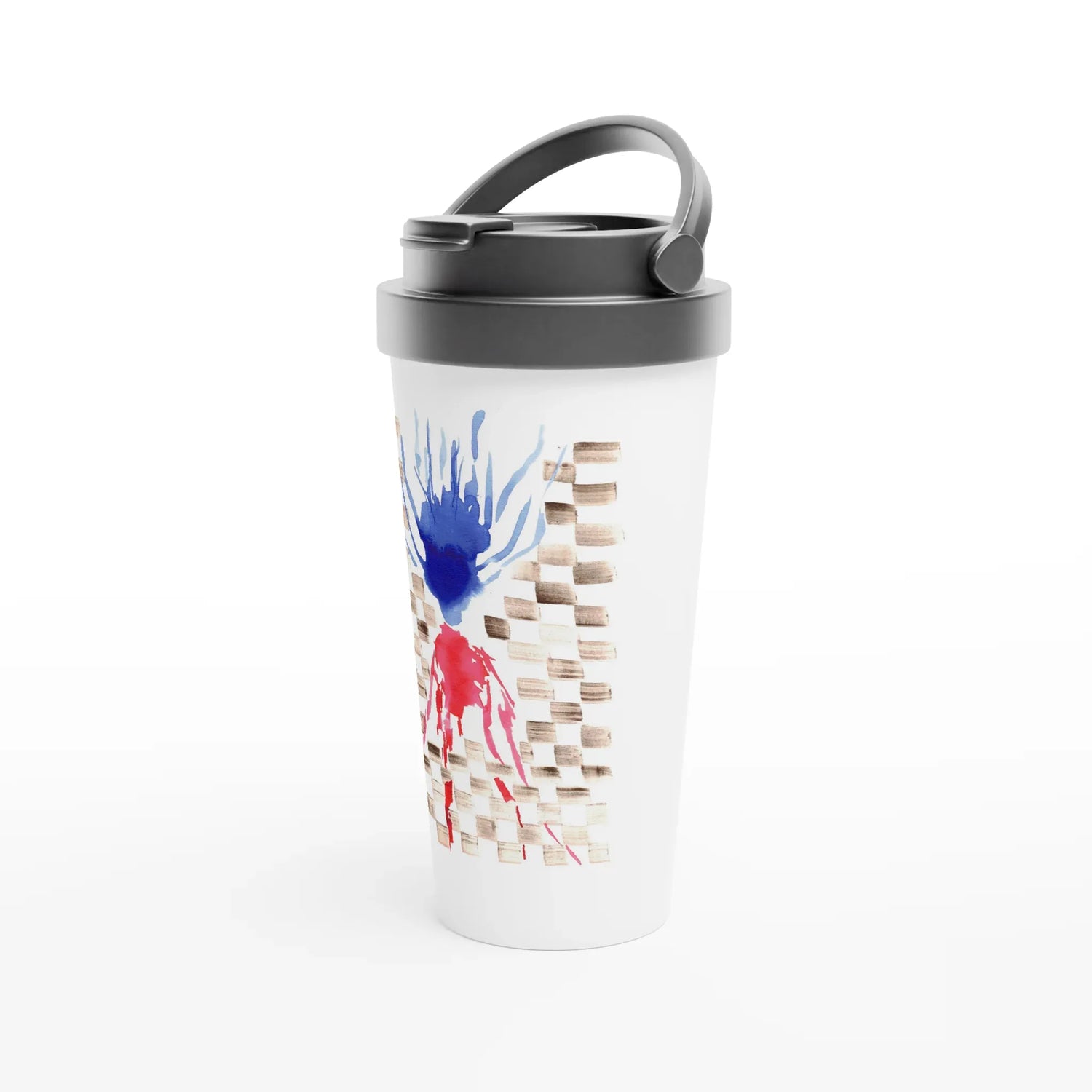 Mug de voyage blanc en acier inoxydable damier – 44 cl | Élégant, pratique et isotherme - Laure Leprince - Artiste Peintre