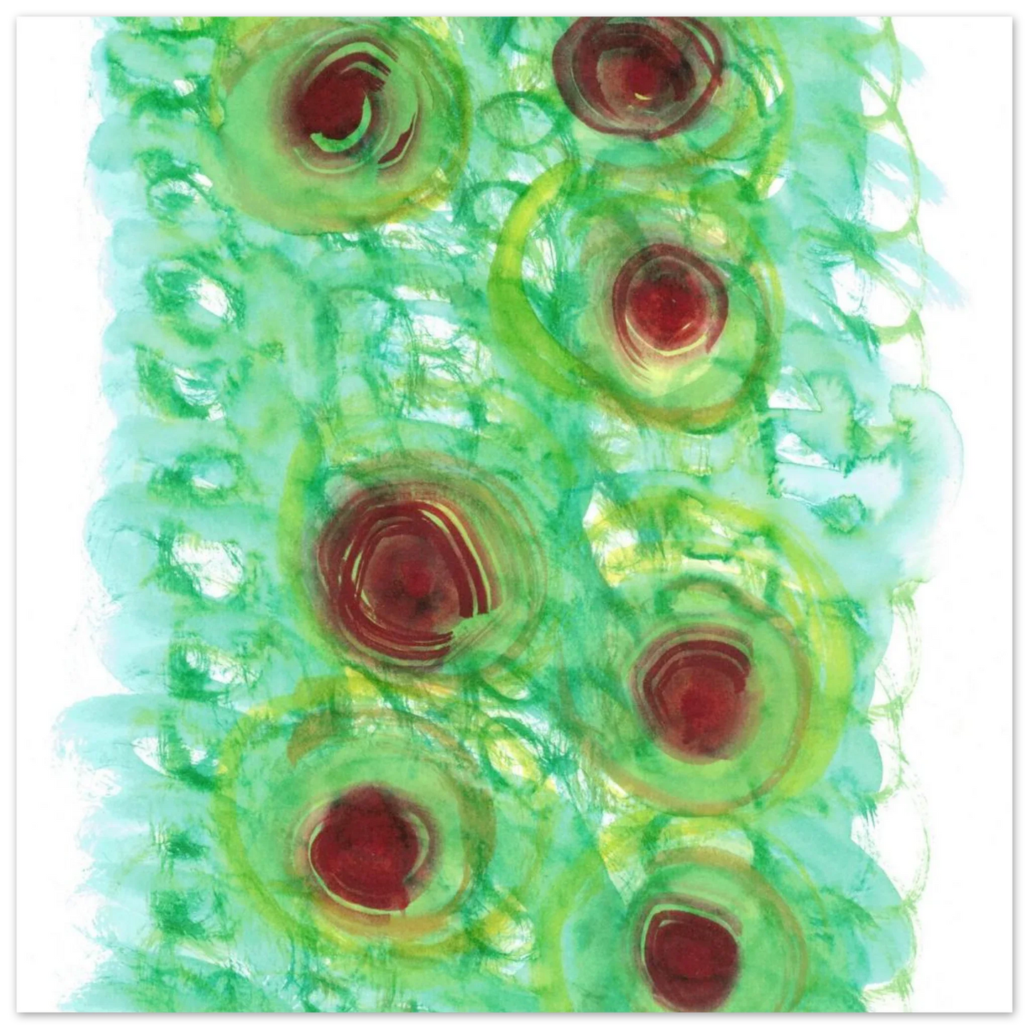 Abstract Floral Bloom Watercolor Poster - Vibrant Green & Red Art Print RDJ3-1 - Laure Leprince - Artiste Peintre