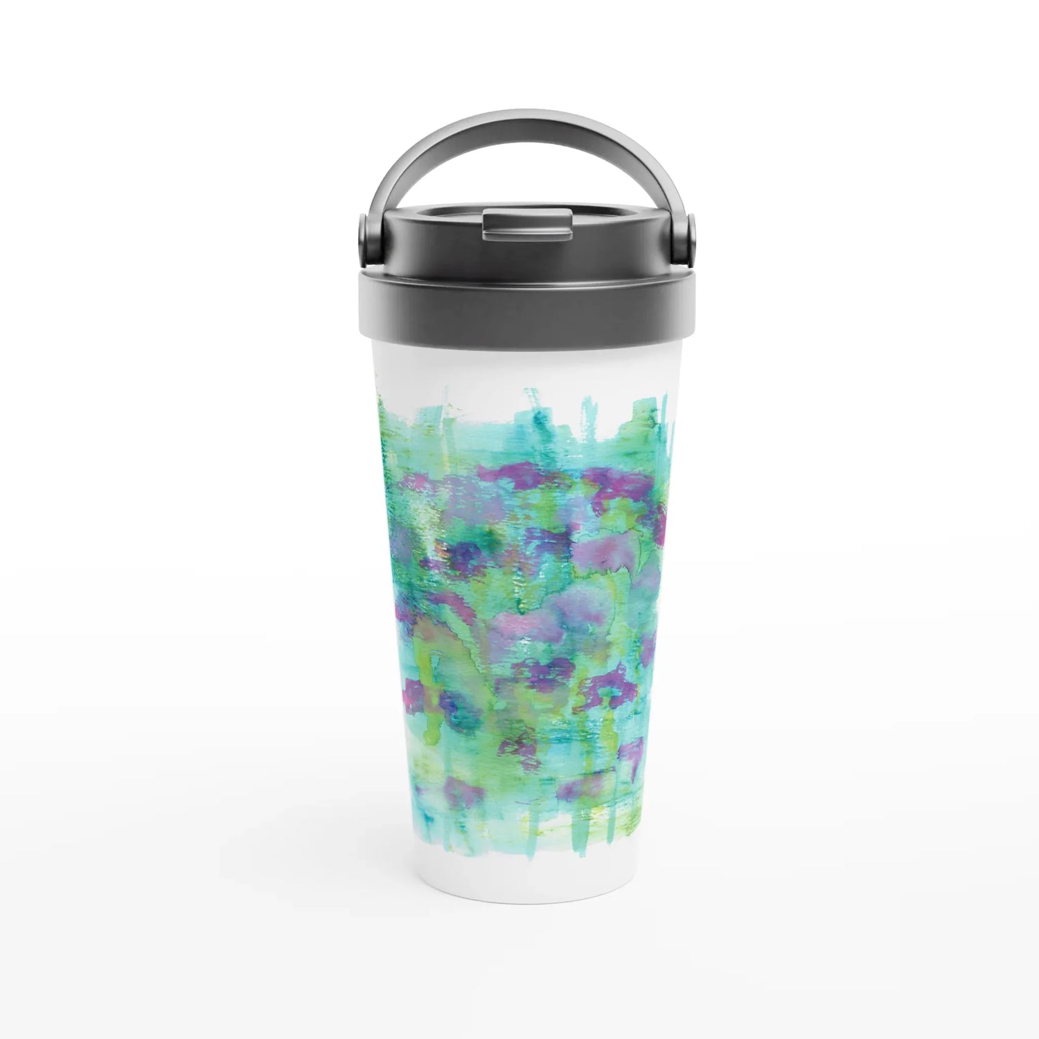 Mug de voyage blanc en acier inoxydable – 44 cl Eclosions Sauvages Élégant, pratique et isotherme - Laure Leprince - Artiste Peintre