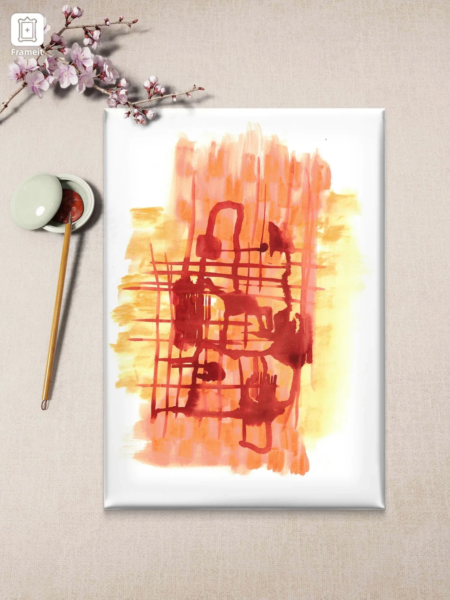 Abstract Warmth: Orange & Red Grid Watercolor Art Print – Premium Matte Paper Poster - Laure Leprince - Artiste Peintre