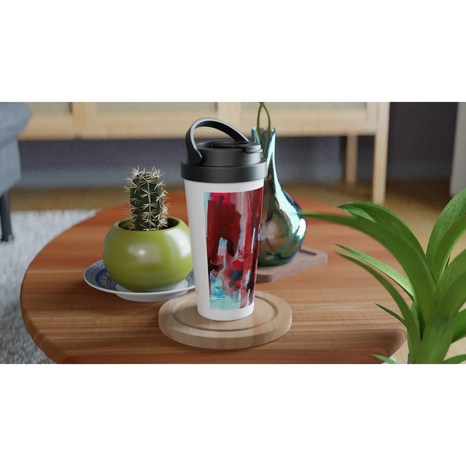 Mug de voyage isotherme 450 ml (15 oz) Crimson Tower - Étanche, réutilisable et design artistique - Laure Leprince - Artiste Peintre