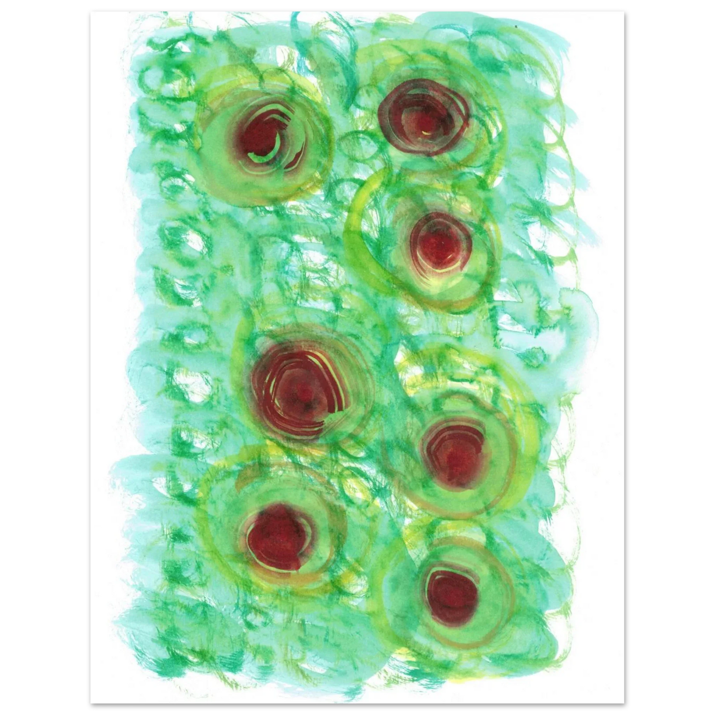 Abstract Floral Bloom Watercolor Poster - Vibrant Green & Red Art Print RDJ3-1 - Laure Leprince - Artiste Peintre