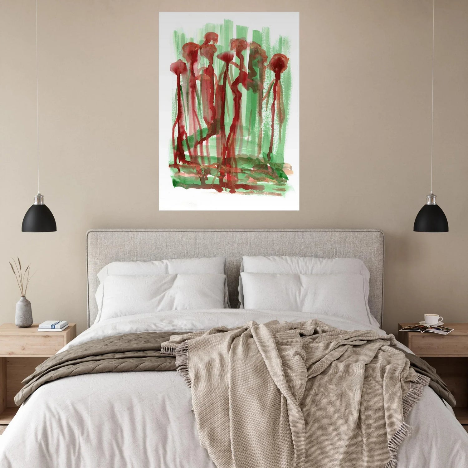 Abstract Floral Garden Premium Matte Poster - Vibrant Red & Green Watercolor Art (RDJ3-1) - Laure Leprince - Artiste Peintre