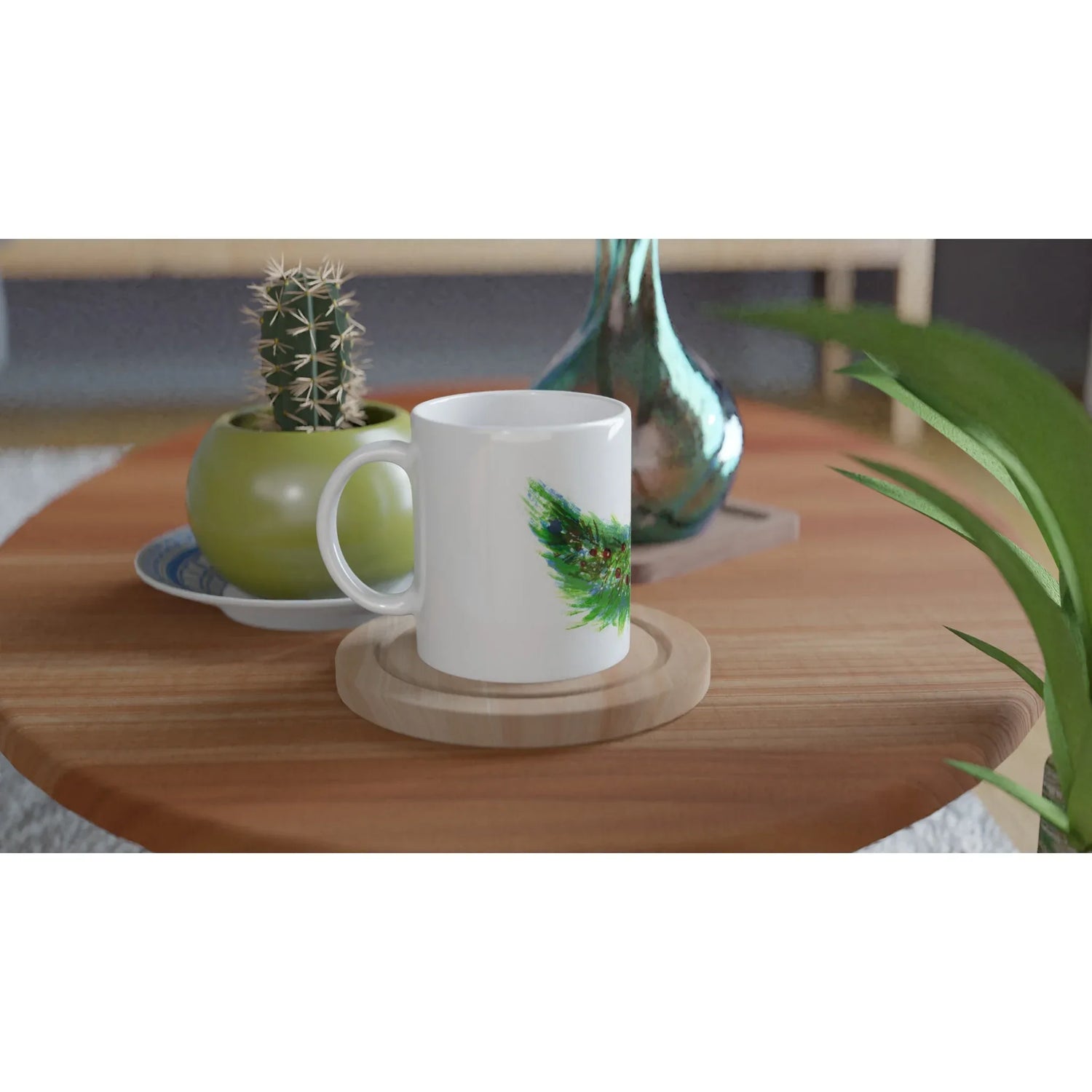 Mug en céramique blanche 325 ml Guirlande verte – Élégance, sécurité et durabilité - Laure Leprince - Artiste Peintre