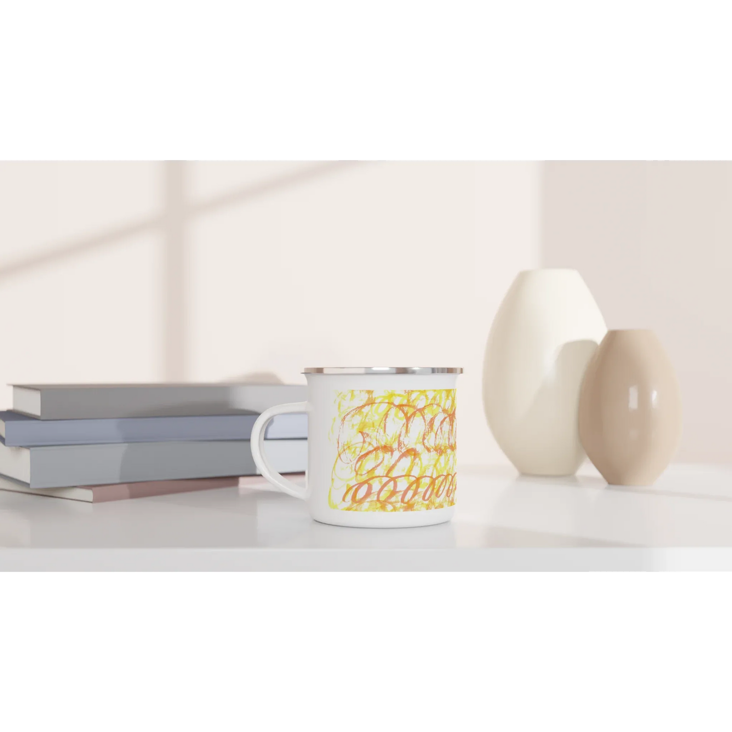 Mug en émail blanc 35 cl Yellow Waves – Léger, vintage et résistant - Laure Leprince - Artiste Peintre