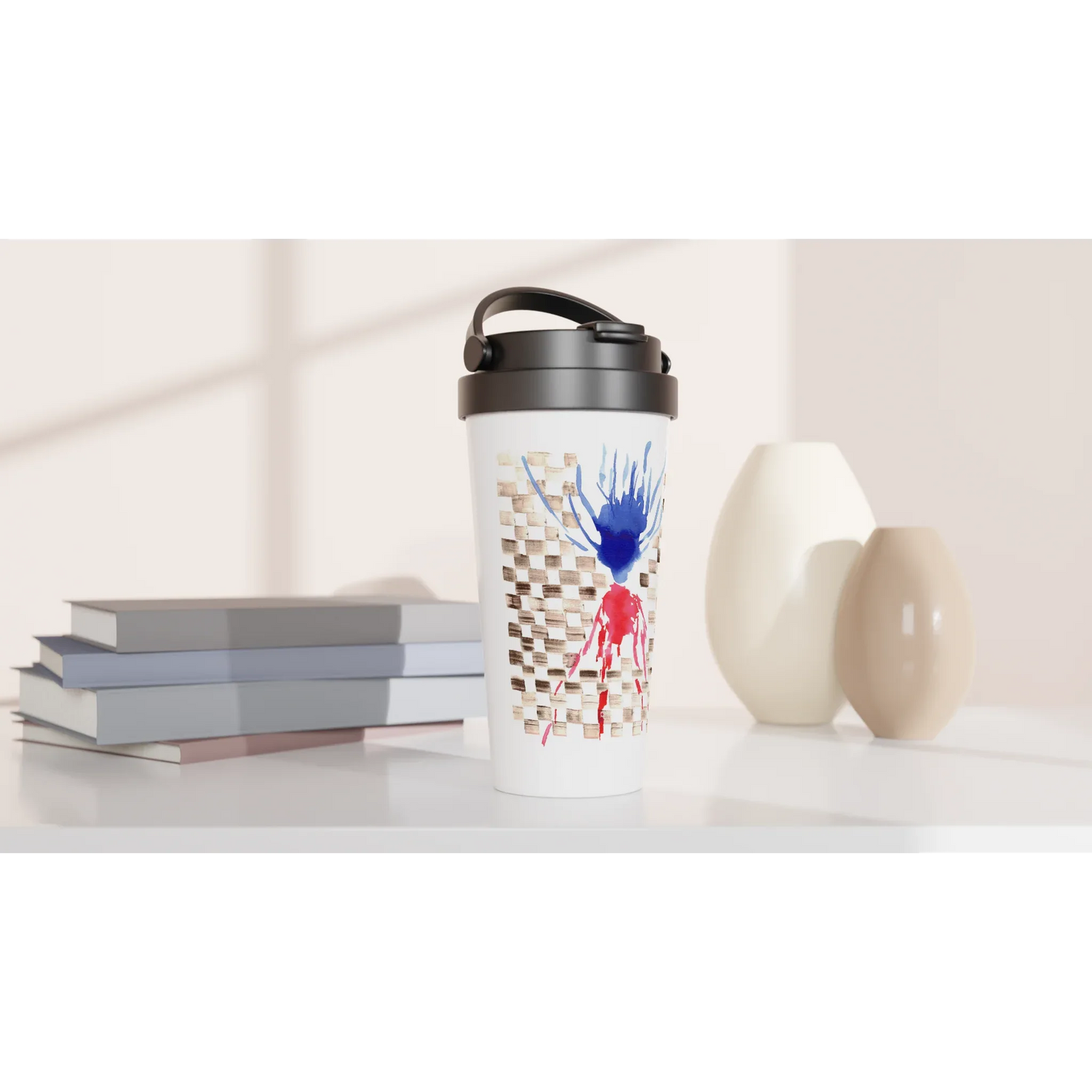 Mug de voyage blanc en acier inoxydable damier – 44 cl | Élégant, pratique et isotherme - Laure Leprince - Artiste Peintre