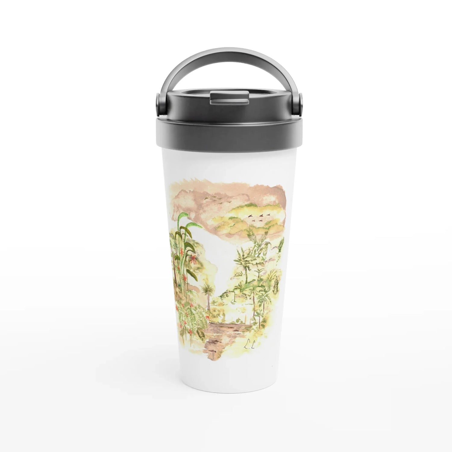 Mug de voyage blanc en acier inoxydable – 44 cl Jungle | Élégant, pratique et isotherme - Laure Leprince - Artiste Peintre