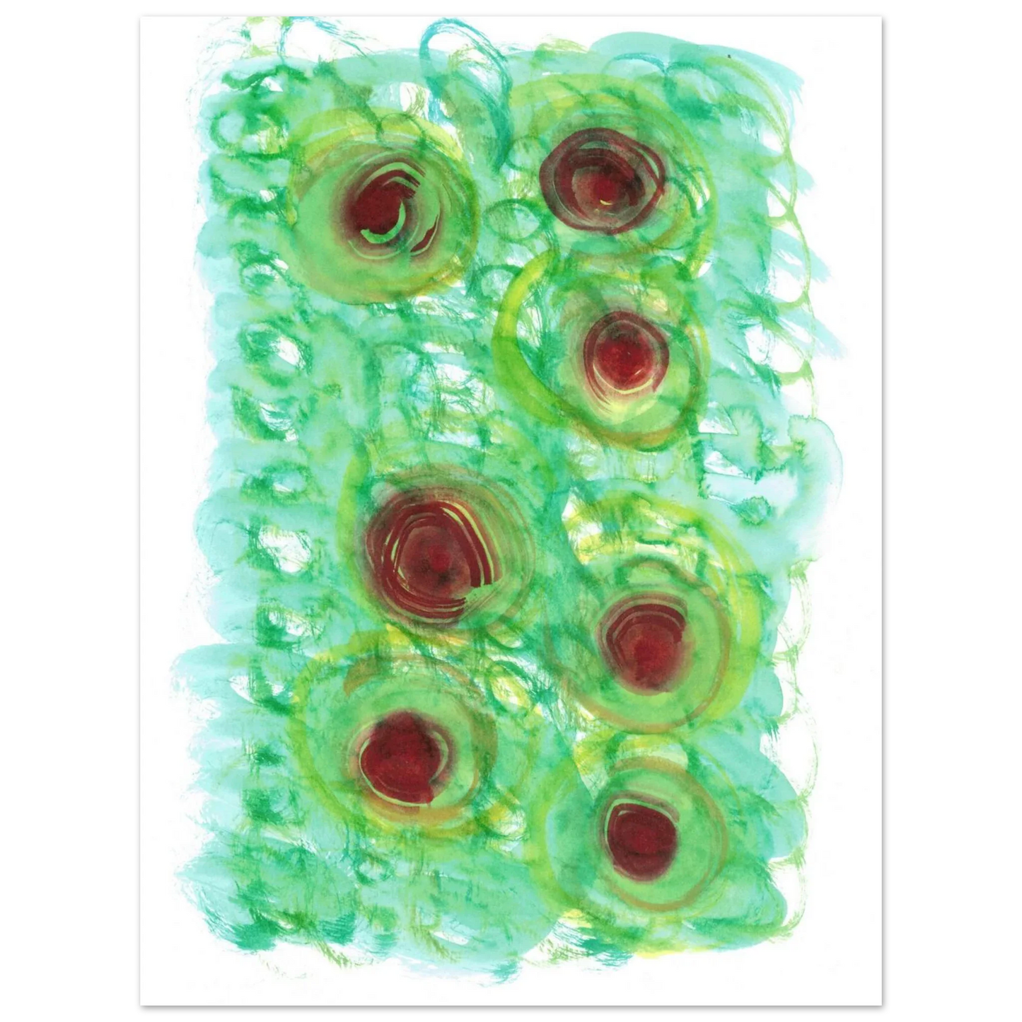 Abstract Floral Bloom Watercolor Poster - Vibrant Green & Red Art Print RDJ3-1 - Laure Leprince - Artiste Peintre