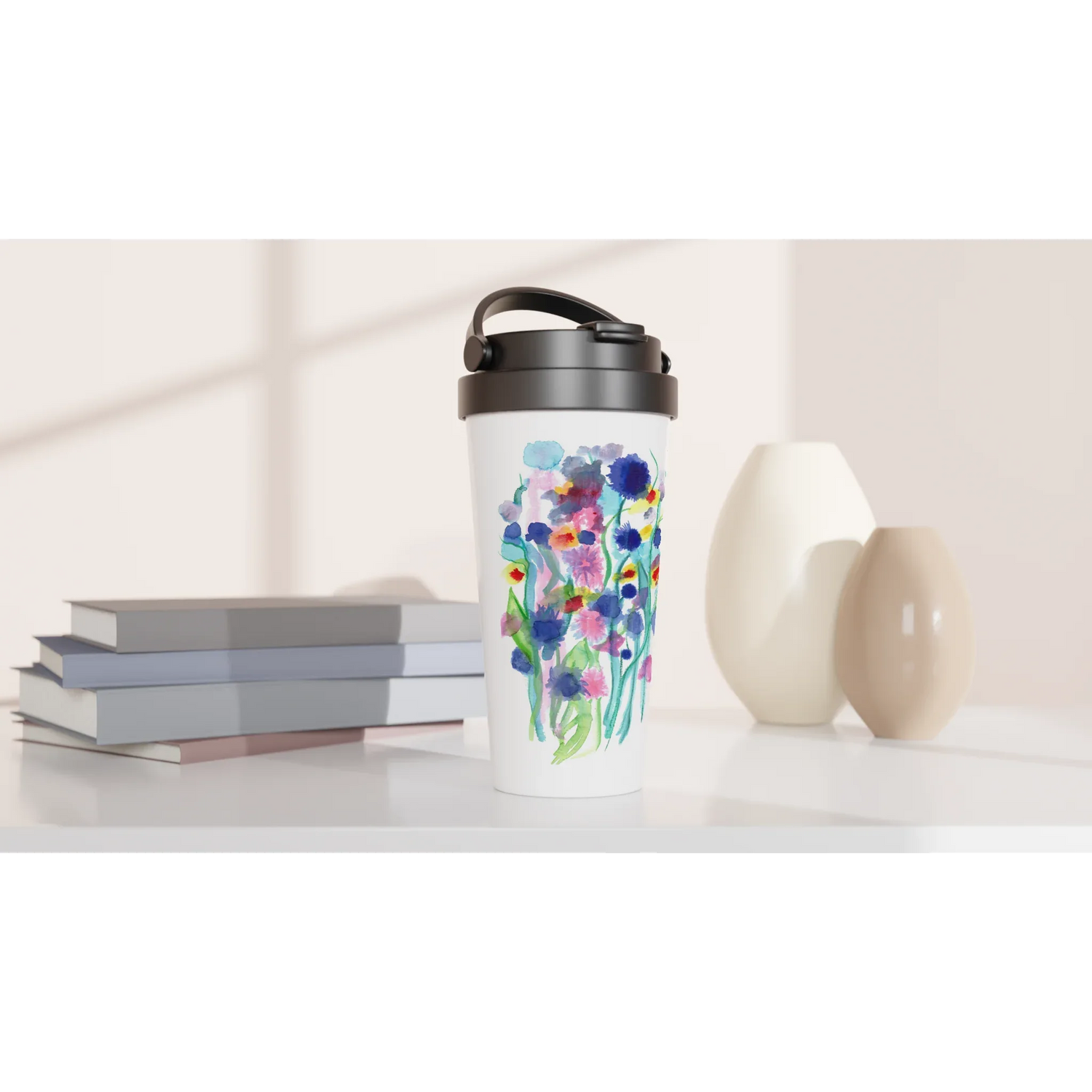 Mug de voyage blanc en acier inoxydable – 44 cl Jardin Chromatique | Élégant, pratique et isotherme - Laure Leprince - Artiste Peintre