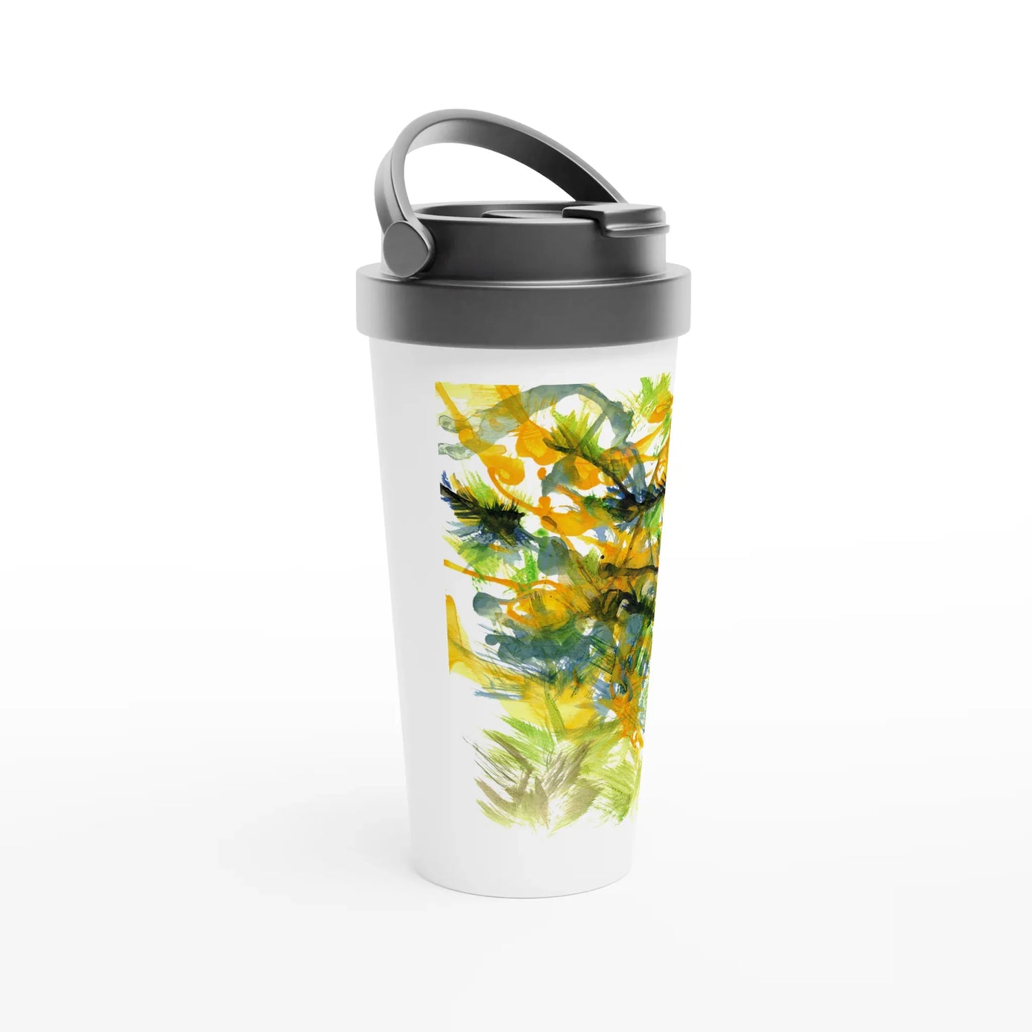 Mug de voyage blanc en acier inoxydable – 44 cl Tempête Solaire | Élégant, pratique et isotherme - Laure Leprince - Artiste Peintre