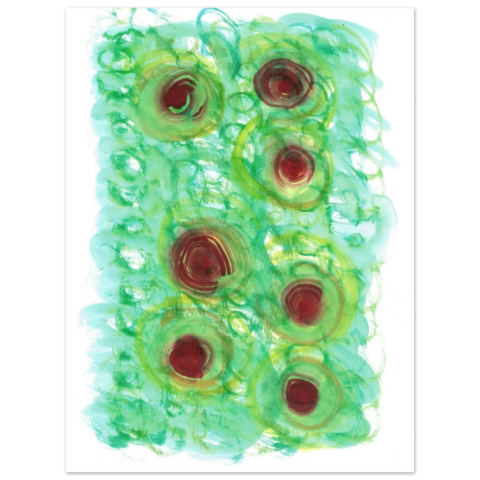 Abstract Floral Bloom Watercolor Poster - Vibrant Green & Red Art Print RDJ3-1 - Laure Leprince - Artiste Peintre