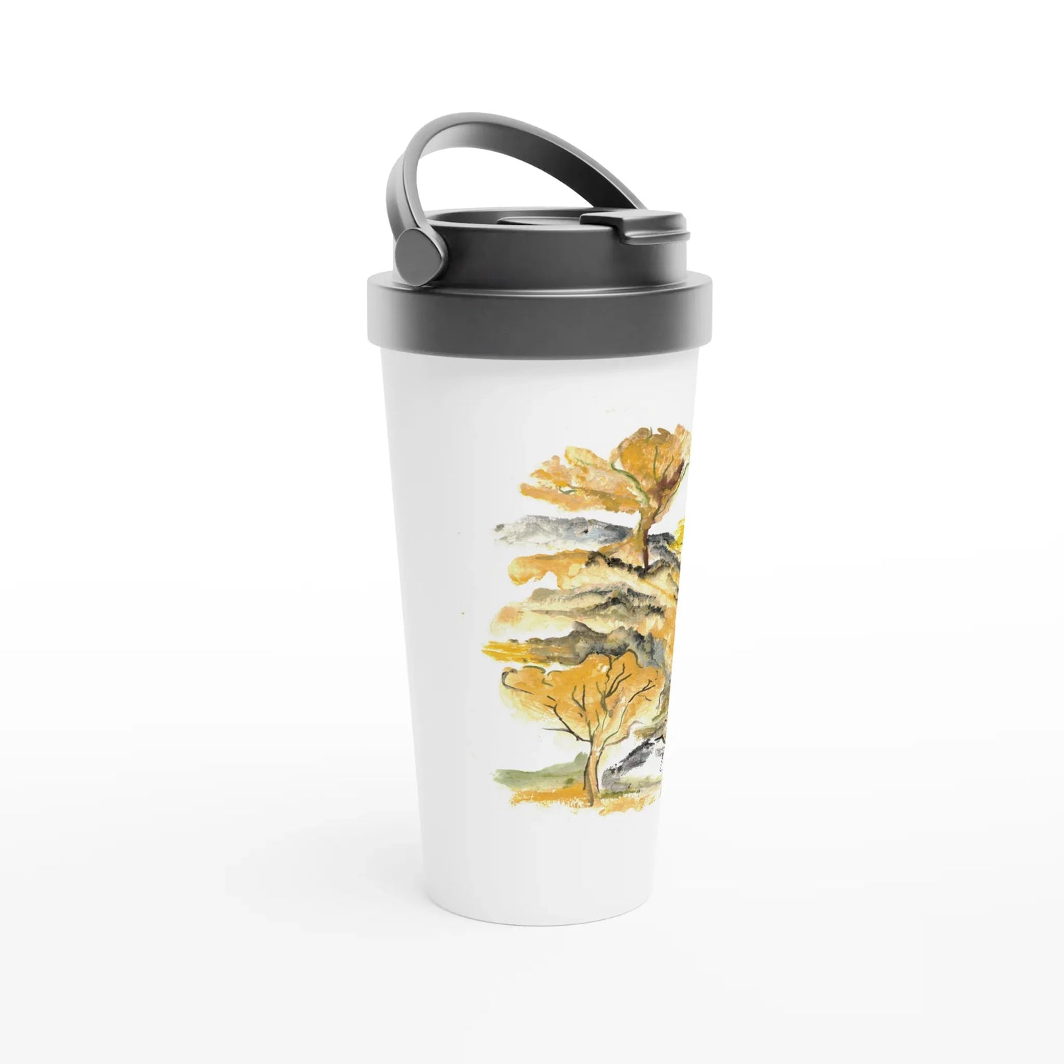 Mug de voyage blanc en acier inoxydable – 44 cl Colline d'or | Élégant, pratique et isotherme - Laure Leprince - Artiste Peintre