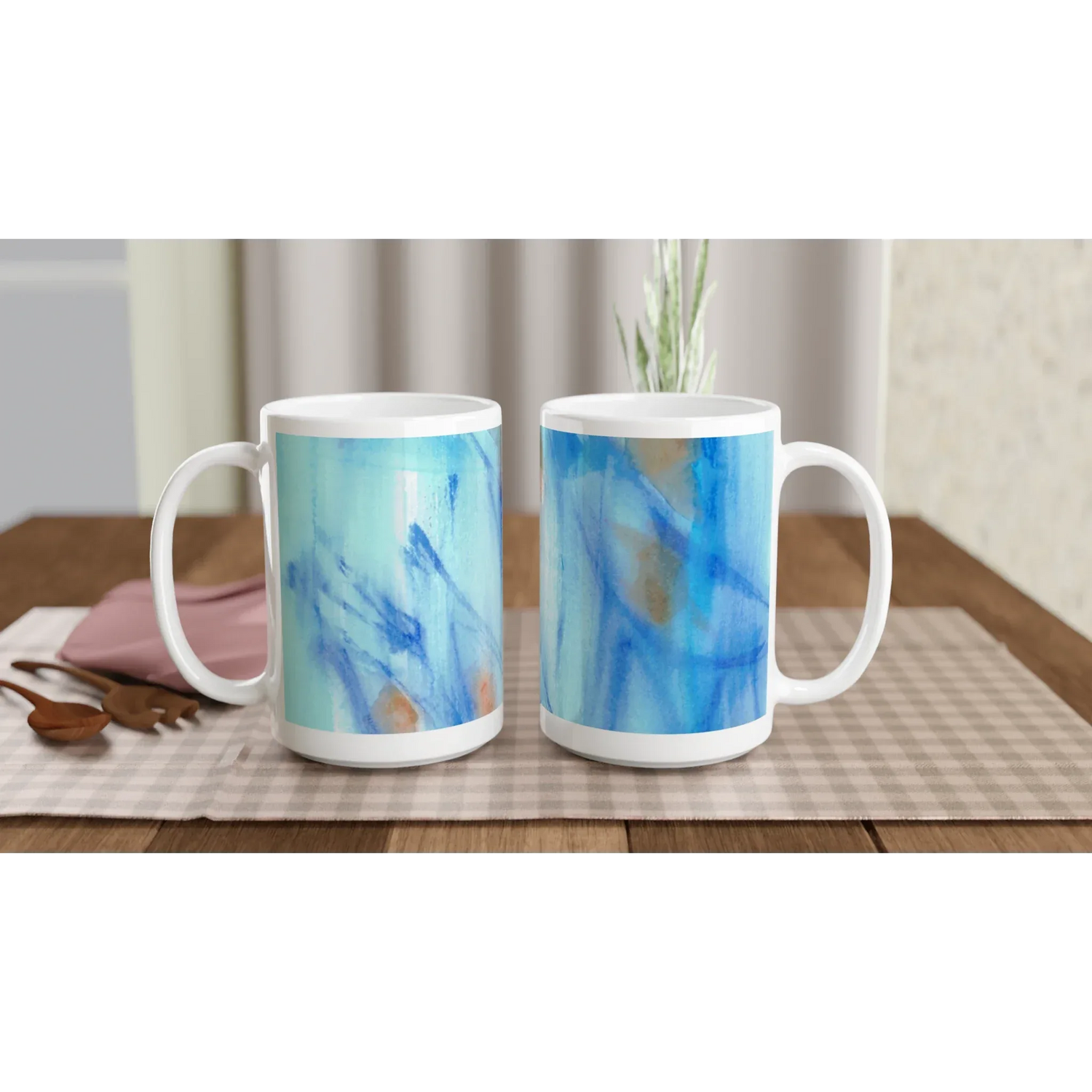 Mug en céramique blanche 44 cl Blue Sprouts– Grand format, design et qualité durable - Laure Leprince - Artiste Peintre