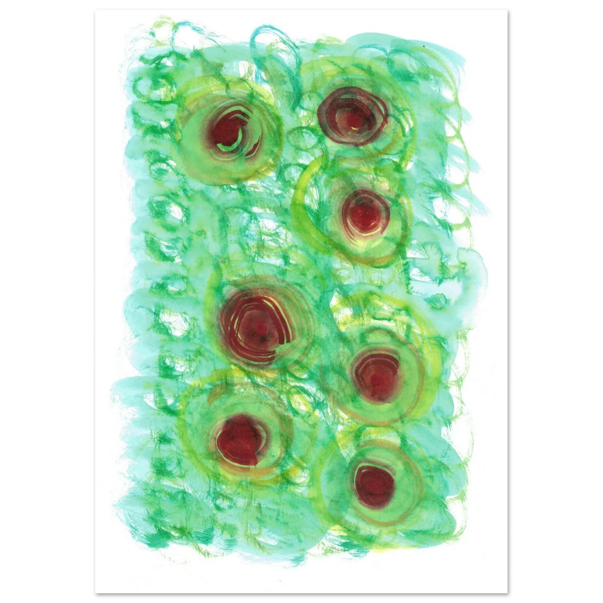 Abstract Floral Bloom Watercolor Poster - Vibrant Green & Red Art Print RDJ3-1 - Laure Leprince - Artiste Peintre