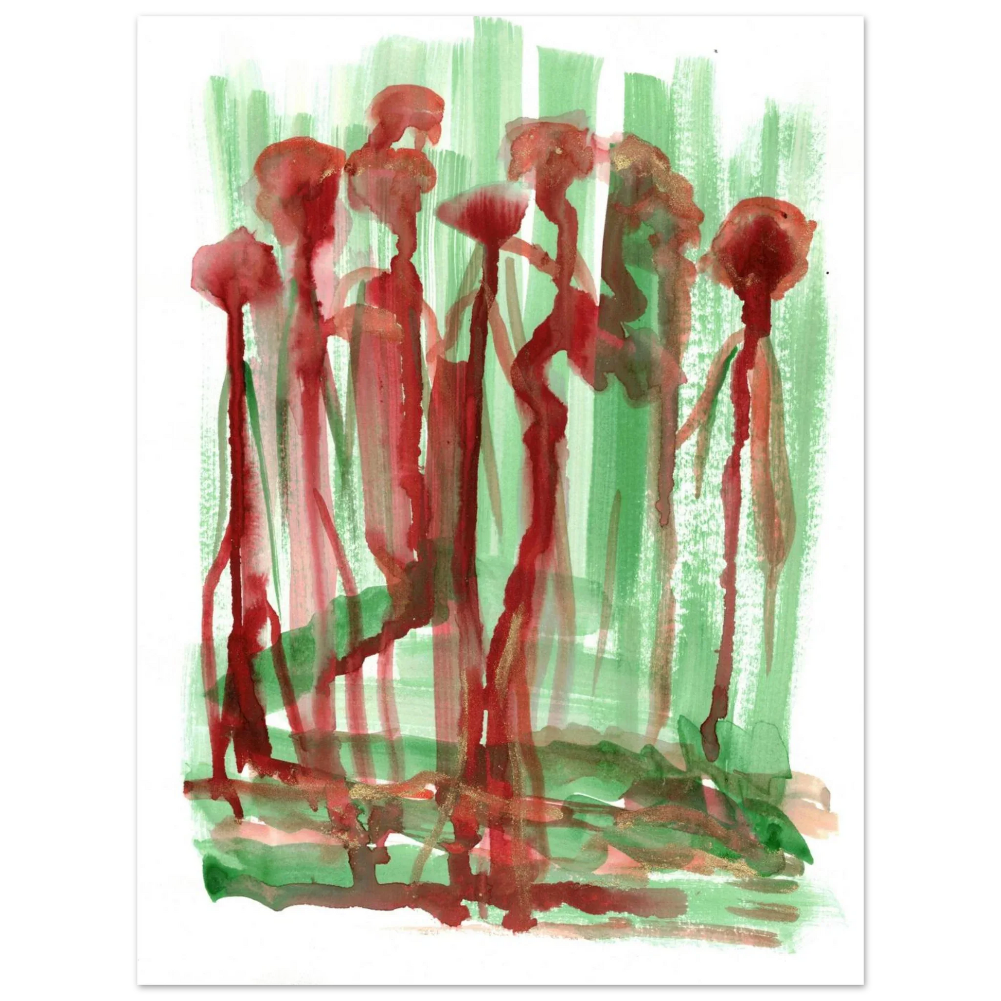 Abstract Floral Garden Premium Matte Poster - Vibrant Red & Green Watercolor Art (RDJ3-1) - Laure Leprince - Artiste Peintre
