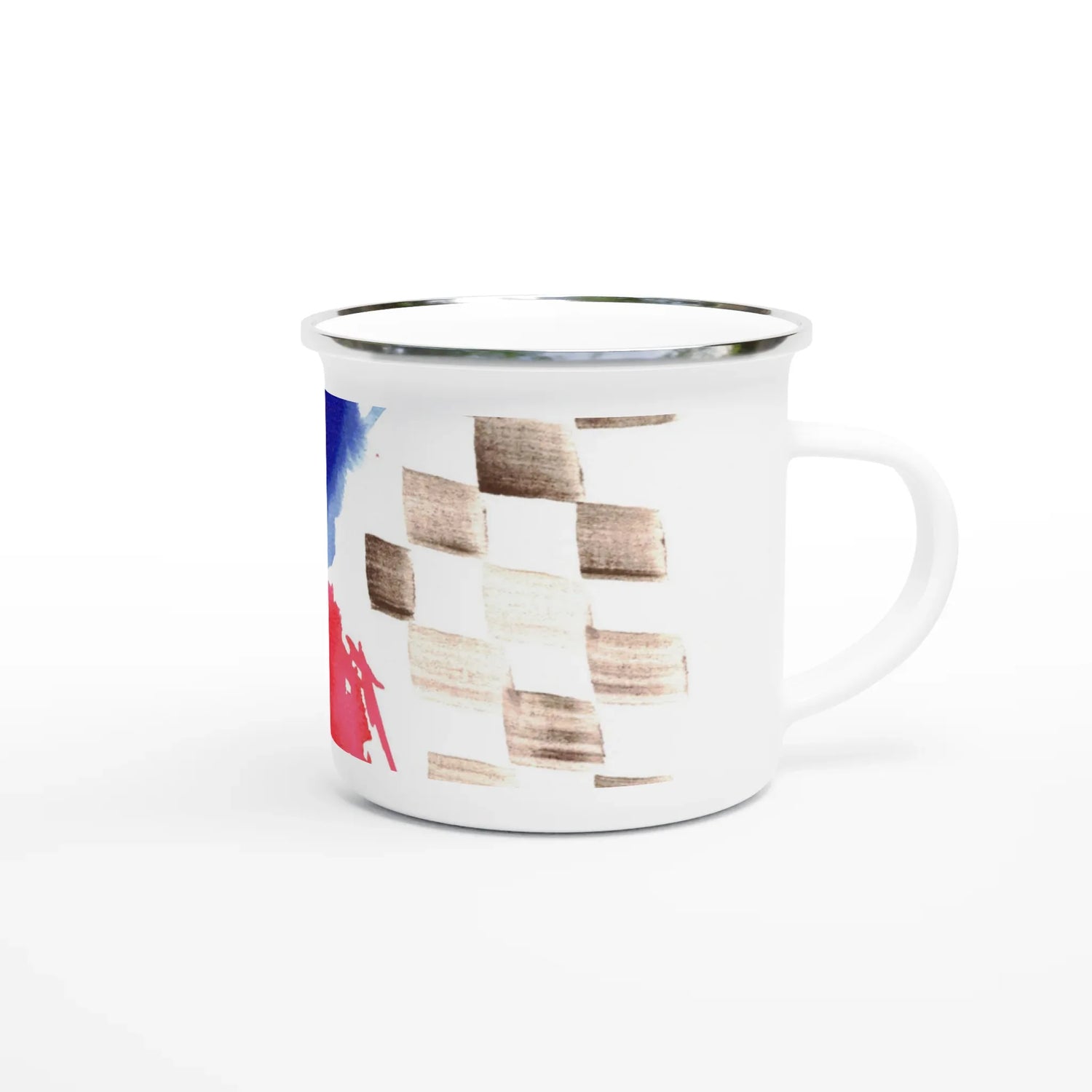 Mug en émail blanc 35 cl damier– Léger, vintage et résistant - Laure Leprince - Artiste Peintre