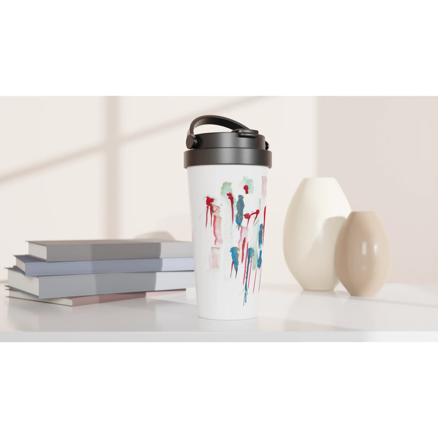 Mug de voyage blanc en acier inoxydable – 44 cl Personnages | Élégant, pratique et isotherme - Laure Leprince - Artiste Peintre