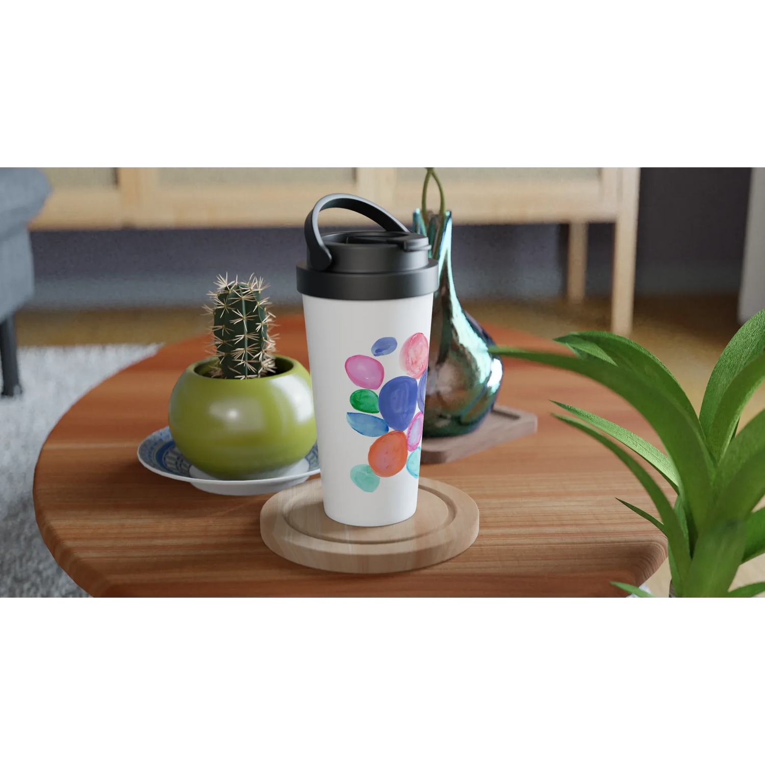 Mug de voyage blanc en acier inoxydable – 44 cl Galets Chromatiques Élégant, pratique et isotherme - Laure Leprince - Artiste Peintre