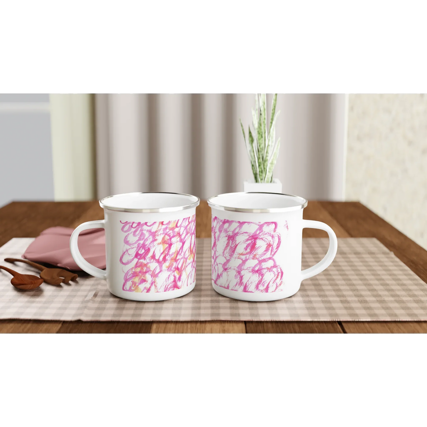 Mug en émail blanc 35 cl Pink Waves – Léger, vintage et résistant - Laure Leprince - Artiste Peintre