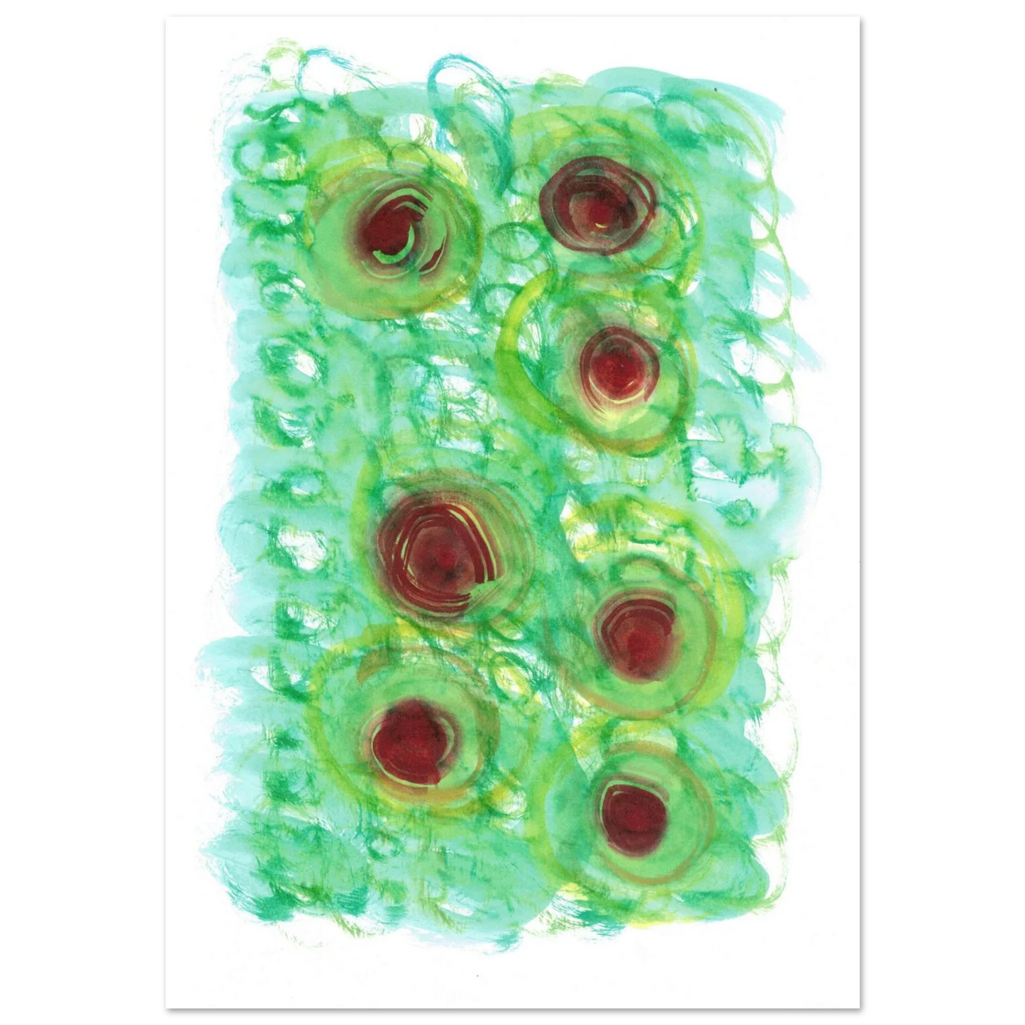 Abstract Floral Bloom Watercolor Poster - Vibrant Green & Red Art Print RDJ3-1 - Laure Leprince - Artiste Peintre