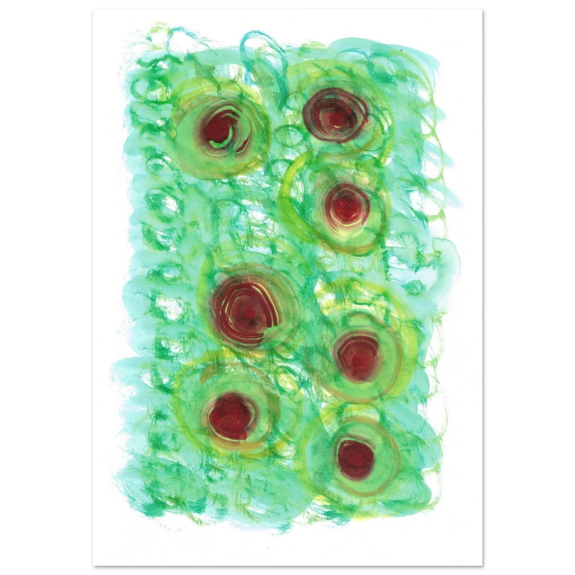 Abstract Floral Bloom Watercolor Poster - Vibrant Green & Red Art Print RDJ3-1 - Laure Leprince - Artiste Peintre
