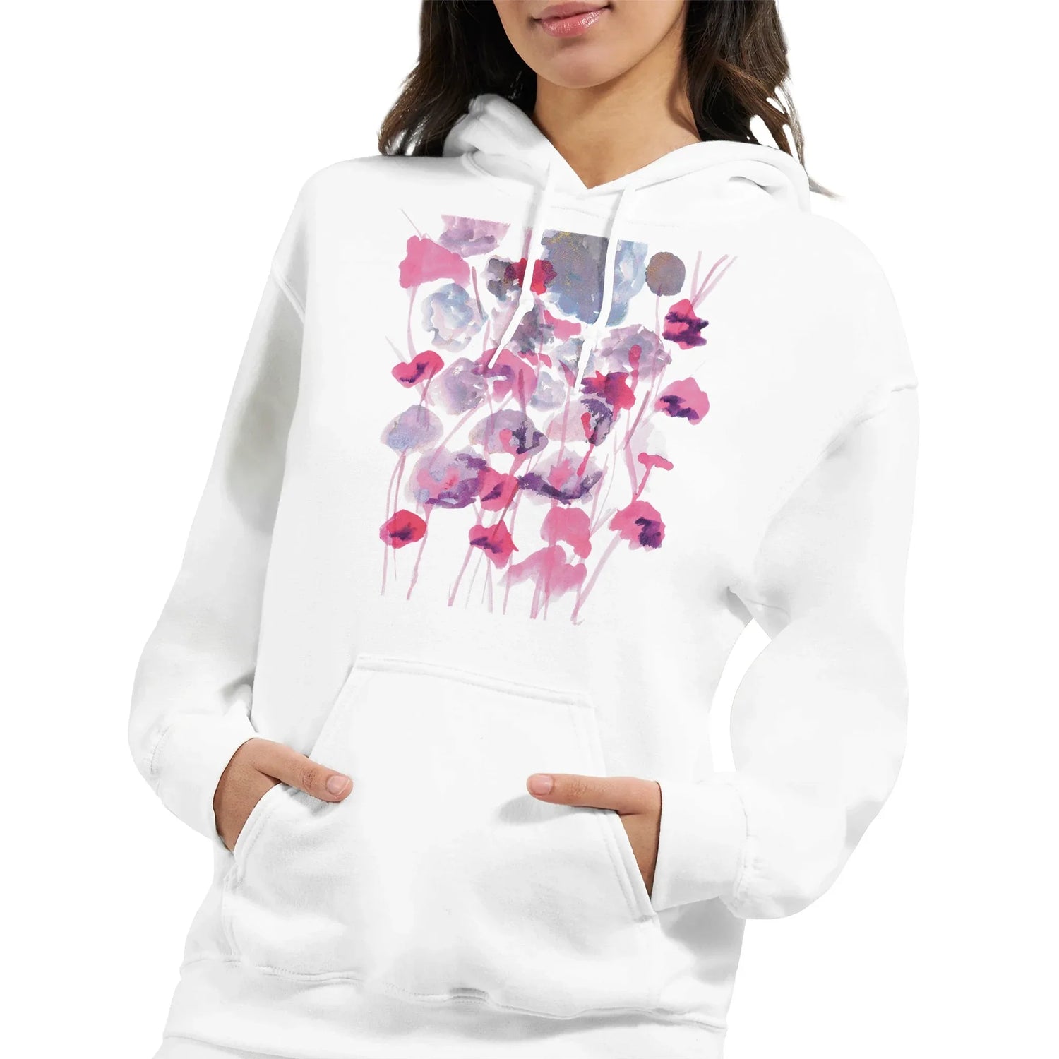 Sweat à capuche unisexe artistique Jardin des Ombrelles| Gildan® 18500 White - Laure Leprince - Artiste Peintre