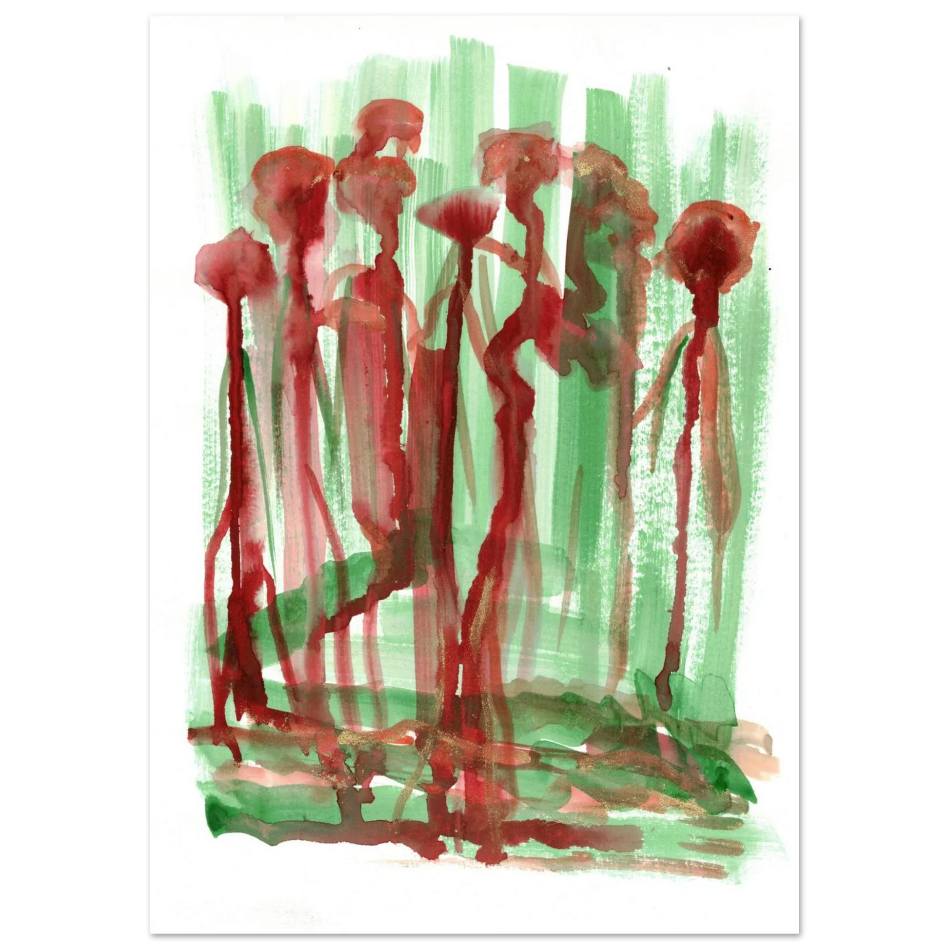Abstract Floral Garden Premium Matte Poster - Vibrant Red & Green Watercolor Art (RDJ3-1) - Laure Leprince - Artiste Peintre